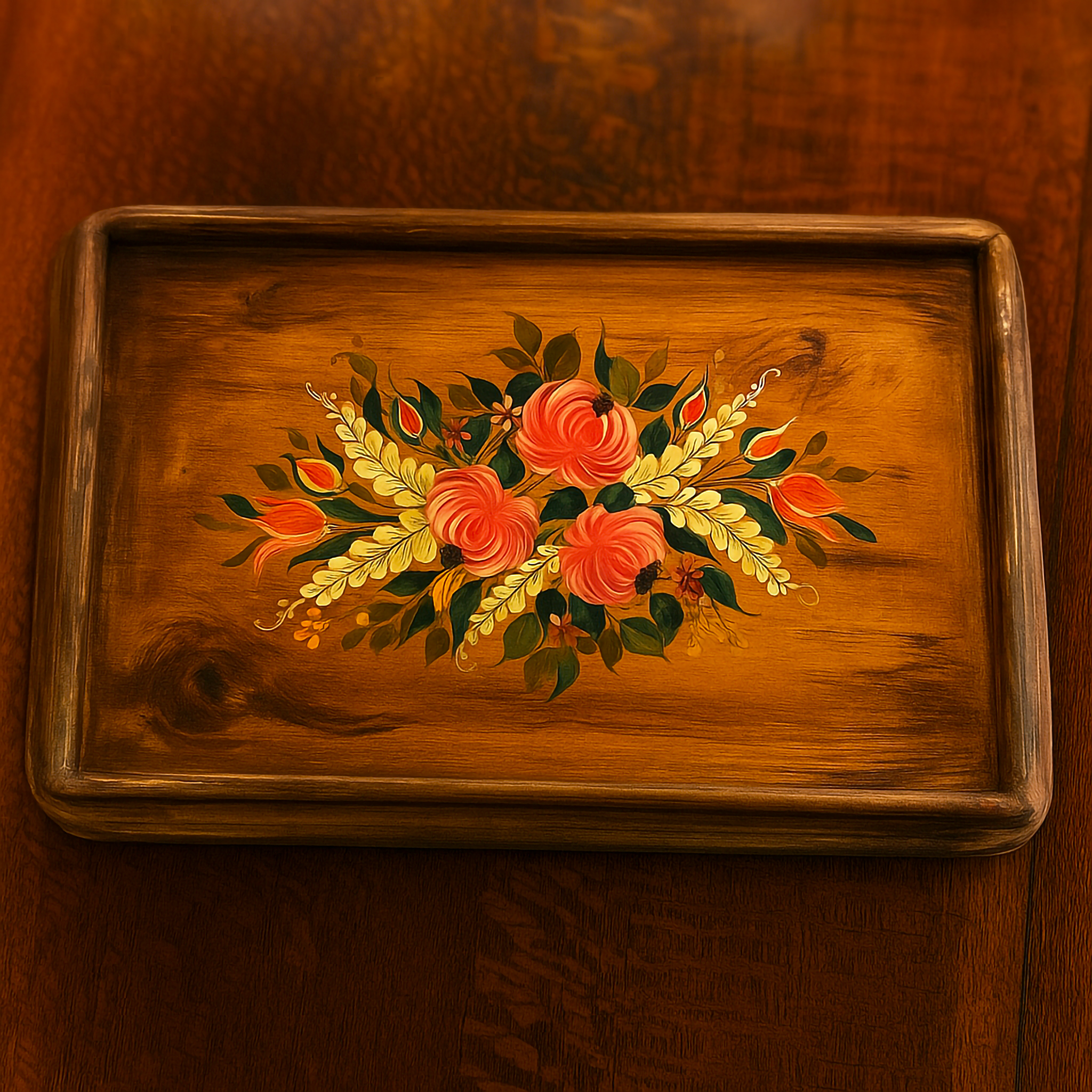 Angled view of a polished wooden serving tray featuring hand-painted floral artwork with coral pink roses, golden wheat, and green leaves. Styled on a rich timber surface, this Luxe and Humble décor piece combines practical use with artisanal craftsmanship, perfect as a vintage-inspired home accent.