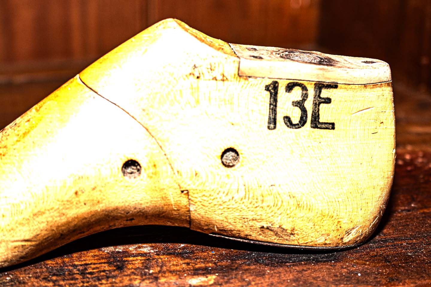 Round toe timber shoe last marked '13E'