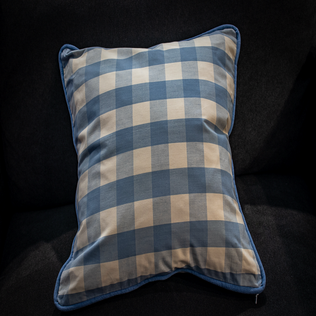 Bespoke Periwinkle Classic Blue Gingham Pillow with Crisp Tailored Periwinkle Pipping