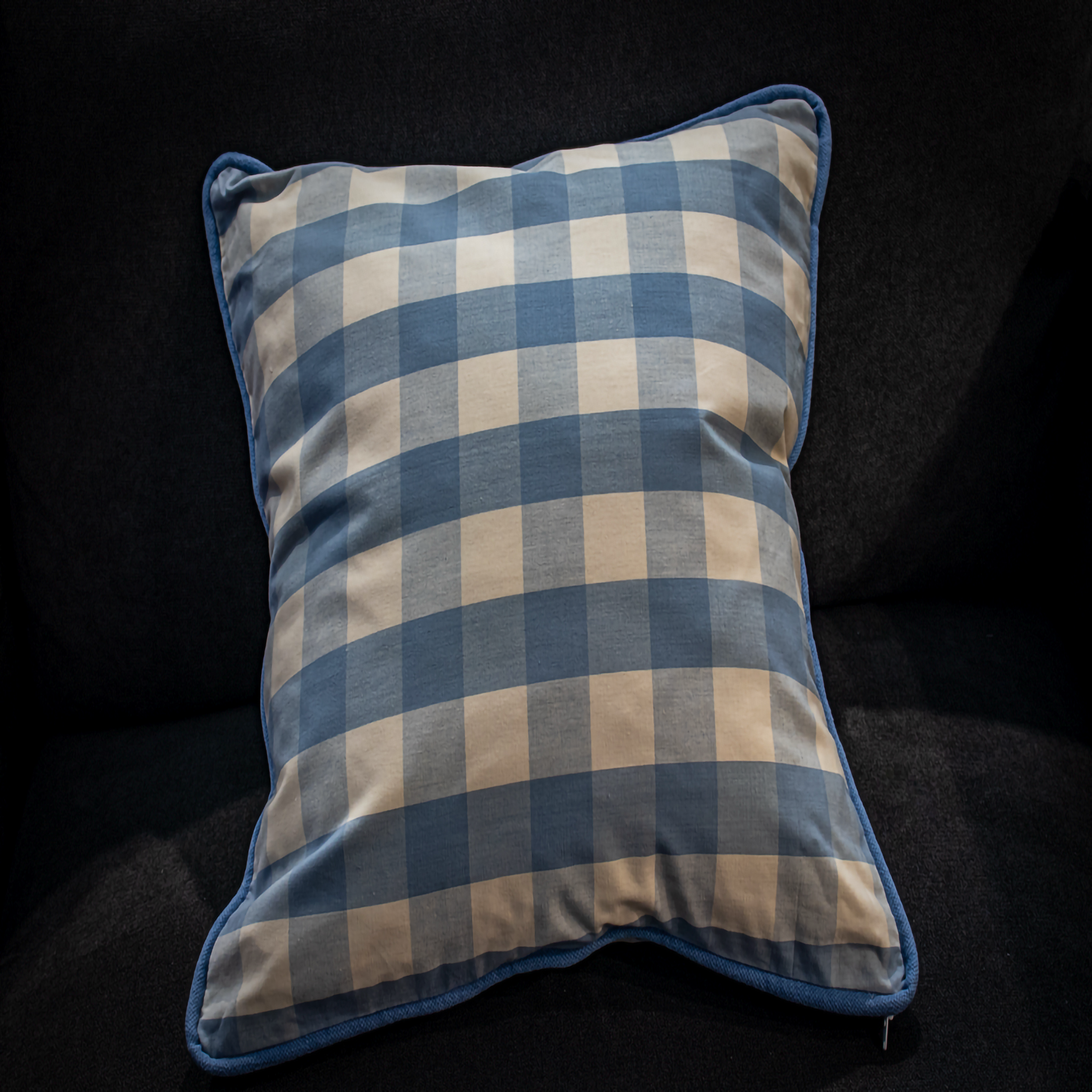 Bespoke Periwinkle Classic Blue Gingham Pillow with Crisp Tailored Periwinkle Pipping