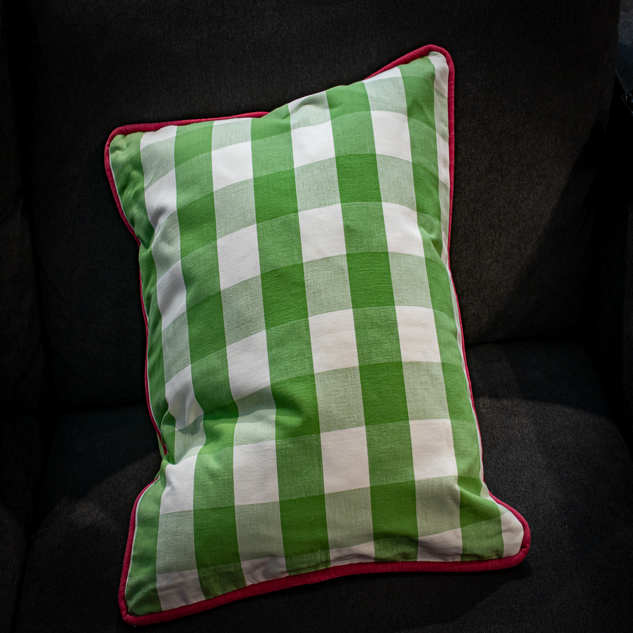 Bespoke Scatter Gingham Green and White Check Pillow with Bright Pink Piping