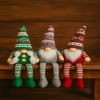 Set of three Nordic Christmas Gnomes 39cm tall in Red, Grey and Green with Scandinavian patterned hats and long striped legs – festive shelf sitter decorations for Australian Christmas home styling by Luxe & Humble.