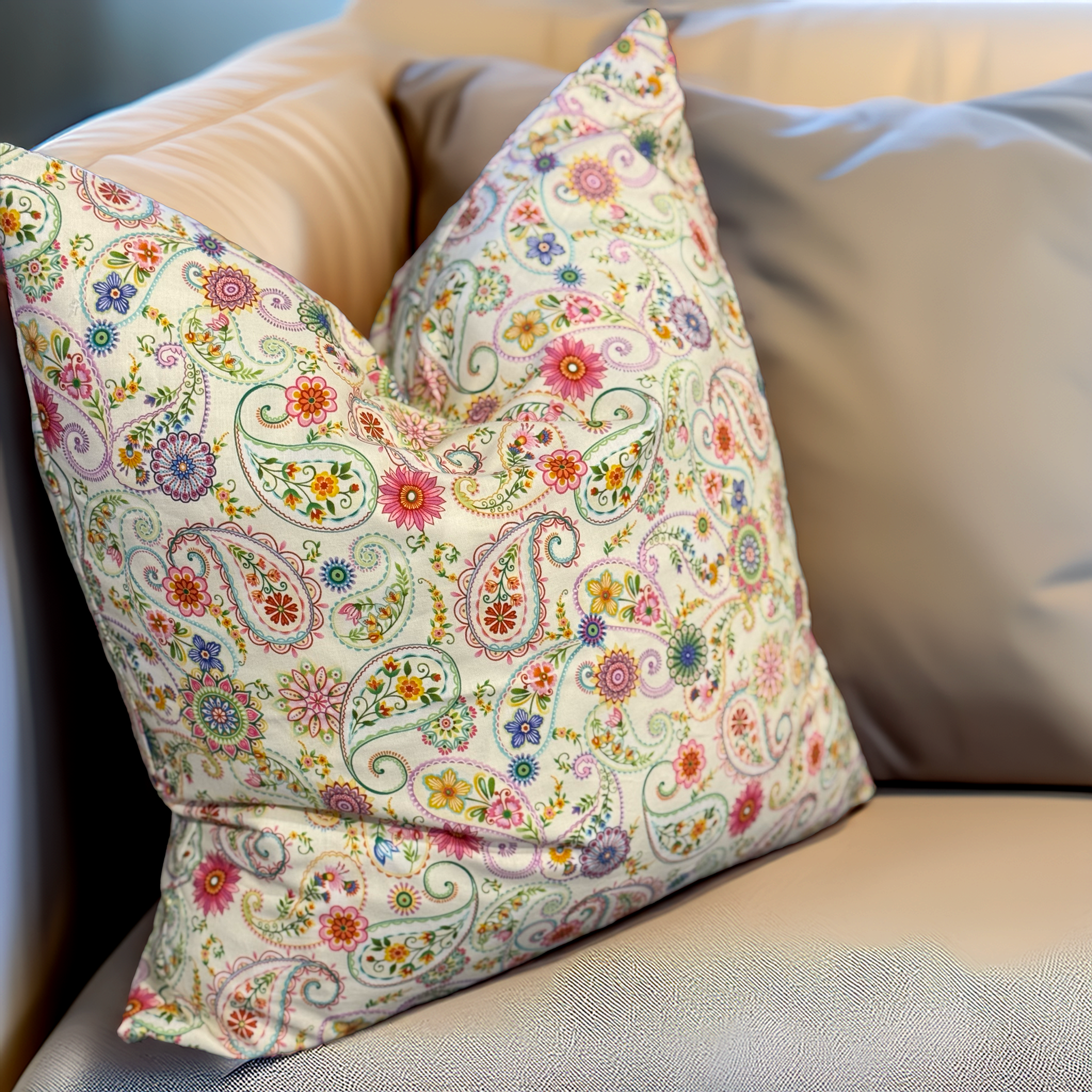 Handmade cushion featuring a vibrant Paisley Bloom print with colourful florals and paisleys. Luxe & Humble cushion with feather insert, available Australia-wide.