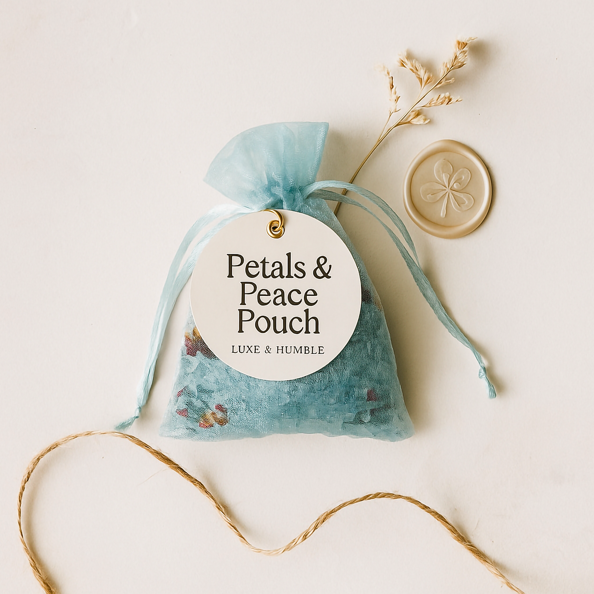 Petals & Peace Pouch by Luxe & Humble — handmade Australian aromatherapy sachet filled with mineral salts, dried flowers, and rose buds. Styled on a neutral background with twine, dried botanicals, and a wax seal for a clean, elegant, eco-luxury aesthetic.