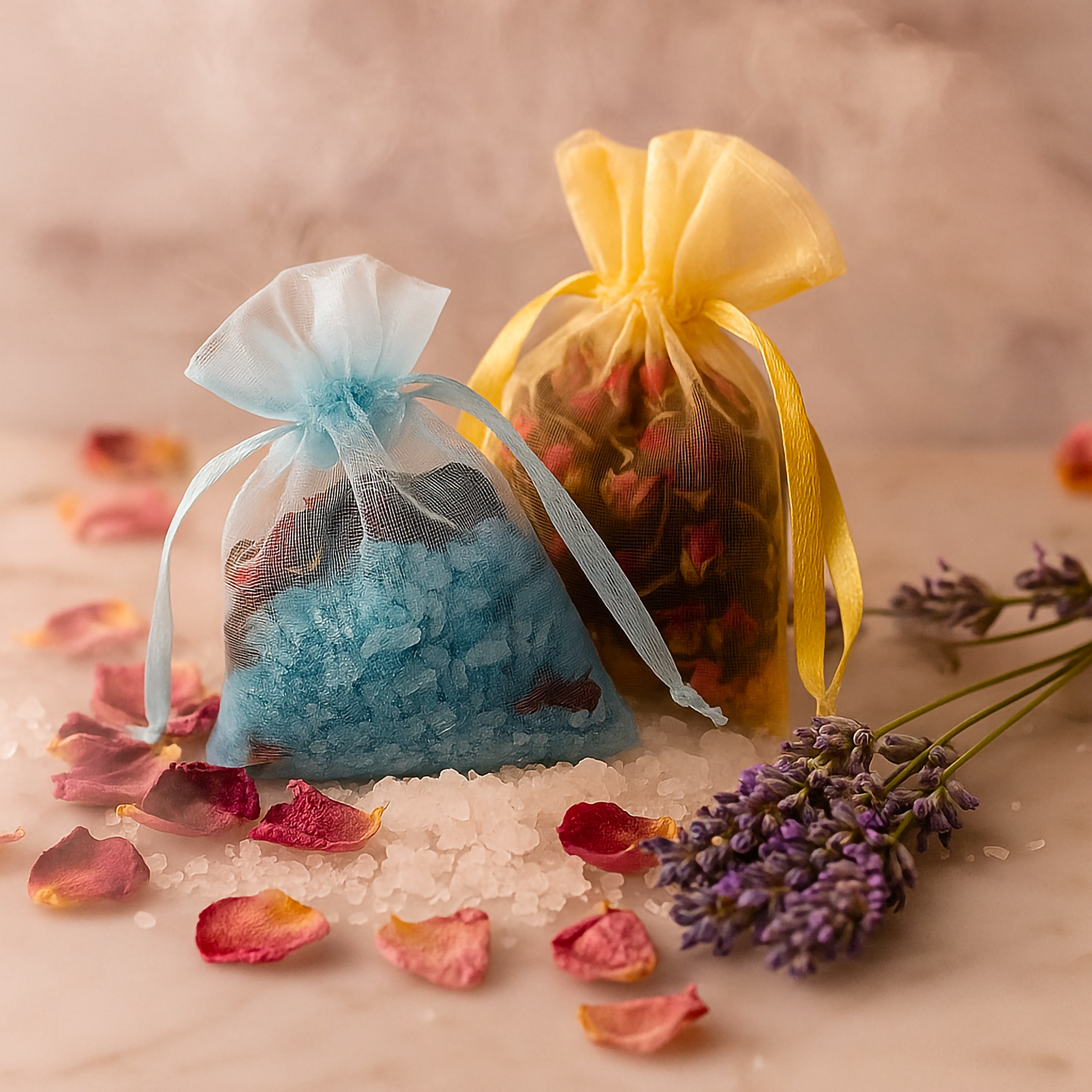 Petals & Peace Pouches by Luxe & Humble — handcrafted Australian aroma sachets filled with coloured Epsom salts, dried rose petals, and lavender buds. Displayed on marble with soft steam, scattered petals, and lavender sprigs for a natural spa-inspired look.