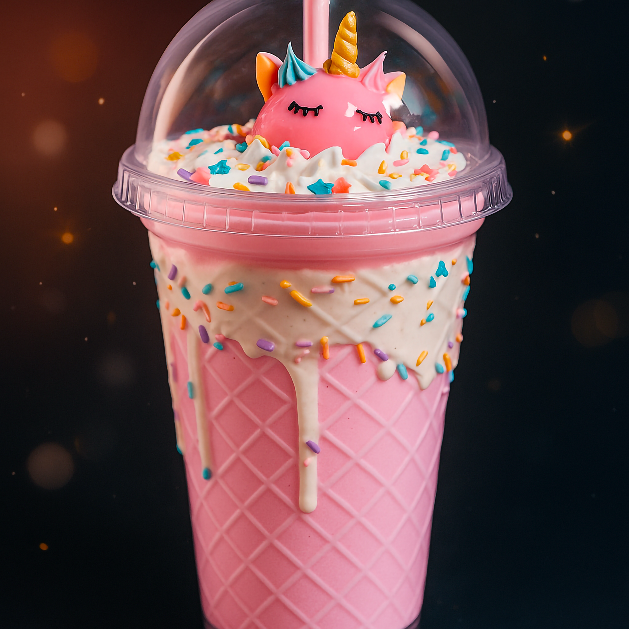 Pink CandyFloss Unicorn Sundae Tumbler with unicorn topper, pink waffle cone base, dripping frosting, and rainbow sprinkles.