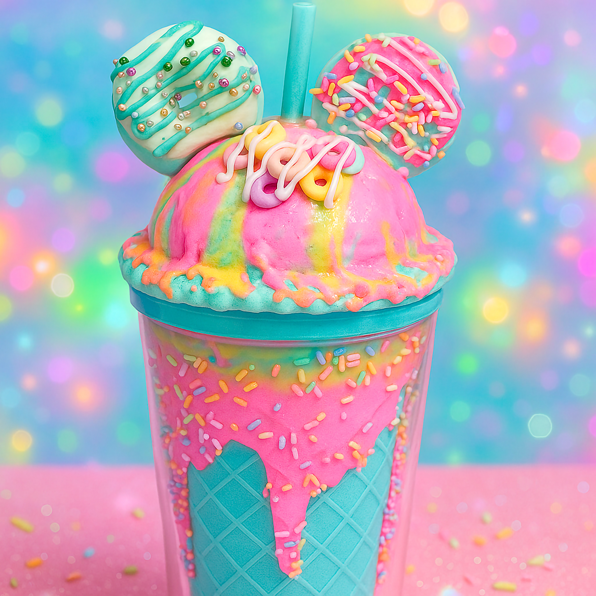Rainbow Drizzle Mouse Sundae Tumbler with turquoise waffle cone base, pink frosting drip, rainbow sprinkles, pastel ice cream scoop, and cookie ears.