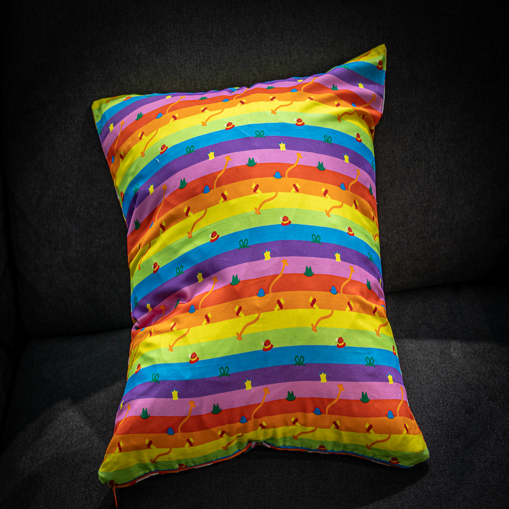 Reversible cushion with bright rainbow stripes accented by whimsical motifs like hats, crowns, and abstract shapes. A colorful 50 x 50 cm pillow that brings joy, fun, and personality into modern or eclectic interiors. Luxe & Humble exclusive.