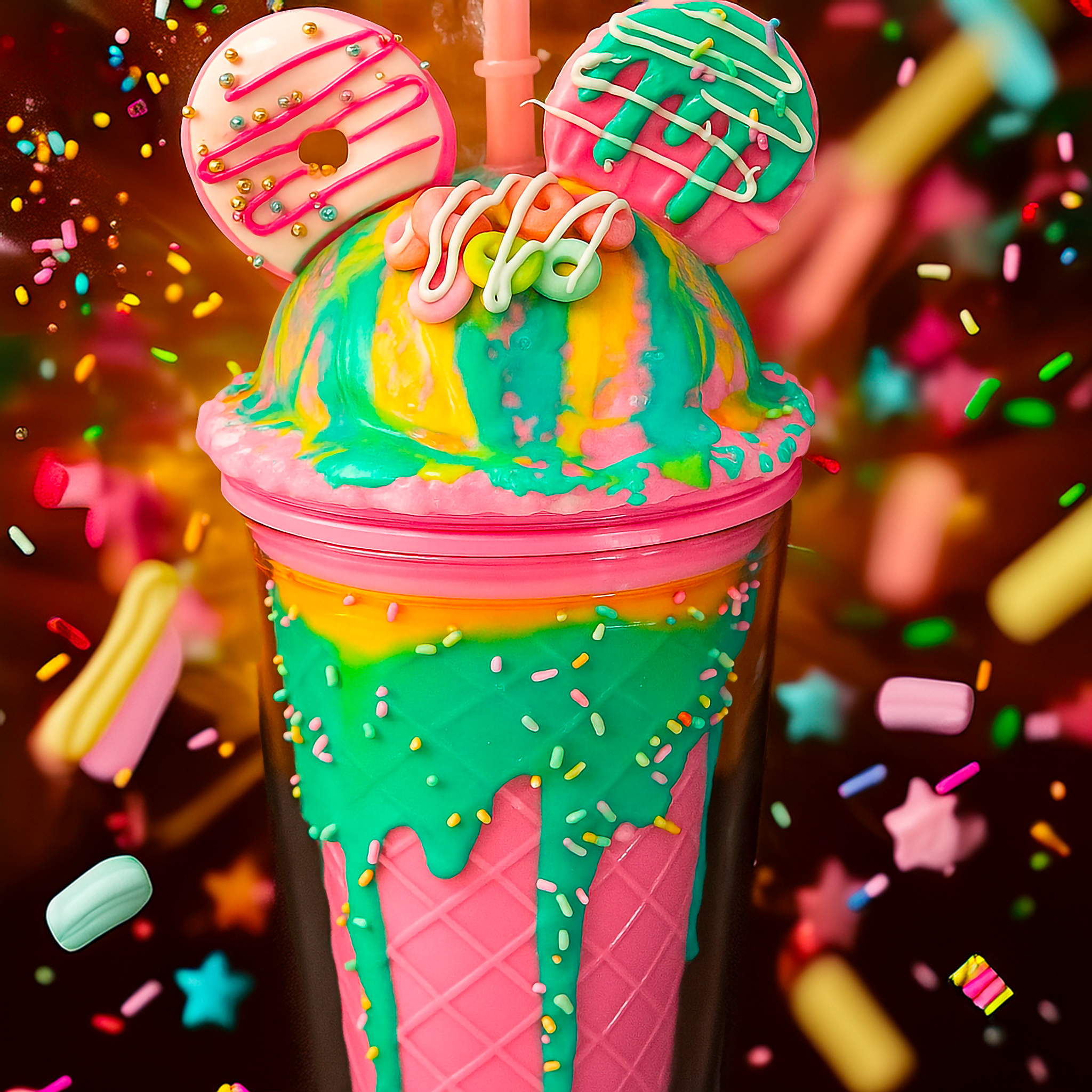 Rainbow Sundae Sipper Tumbler with pink waffle cone base, teal frosting drip, rainbow sprinkles, pastel ice cream scoop, and cookie ears.