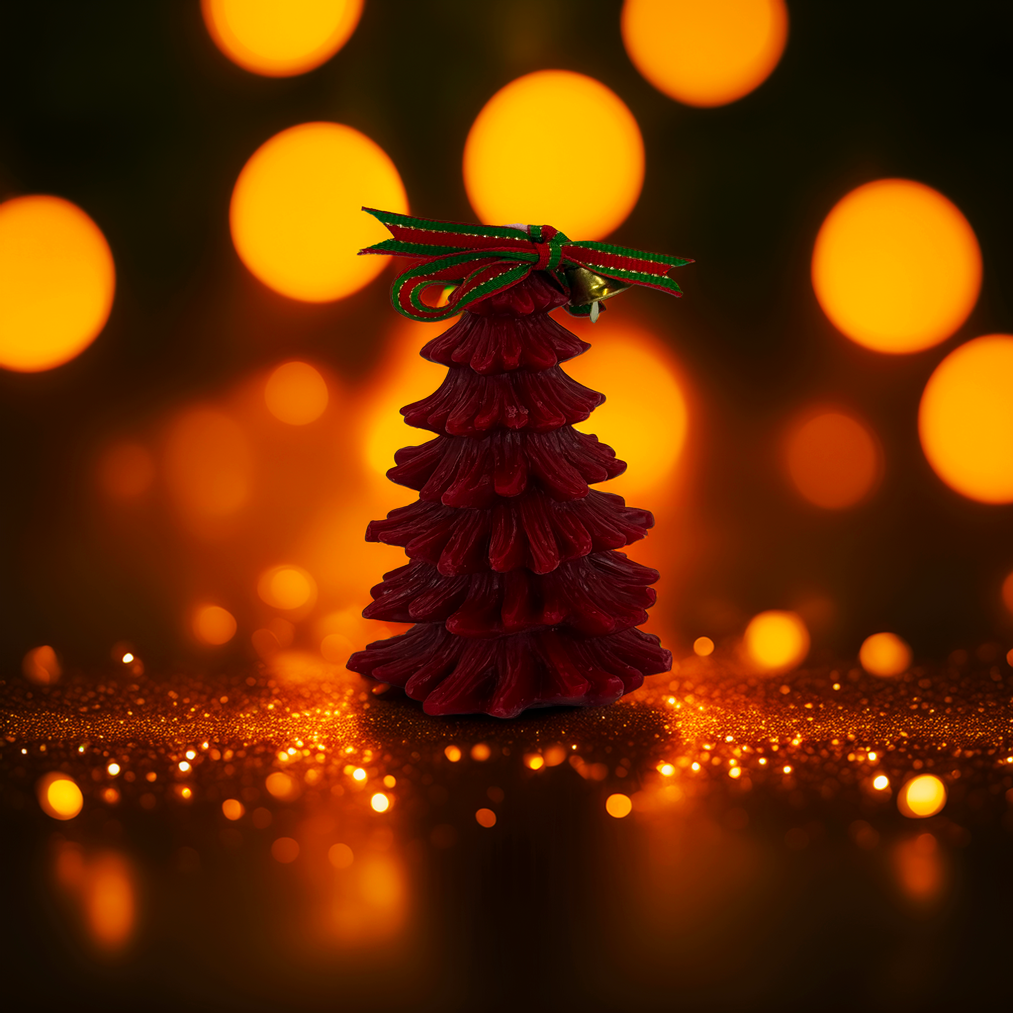 Red Christmas tree candle with layered wax design, decorated with a festive bow and gold bell, displayed against warm golden bokeh lights. A luxury Australian Christmas décor piece and gift item from Luxe & Humble, ideal for holiday styling, hampers and festive home décor.