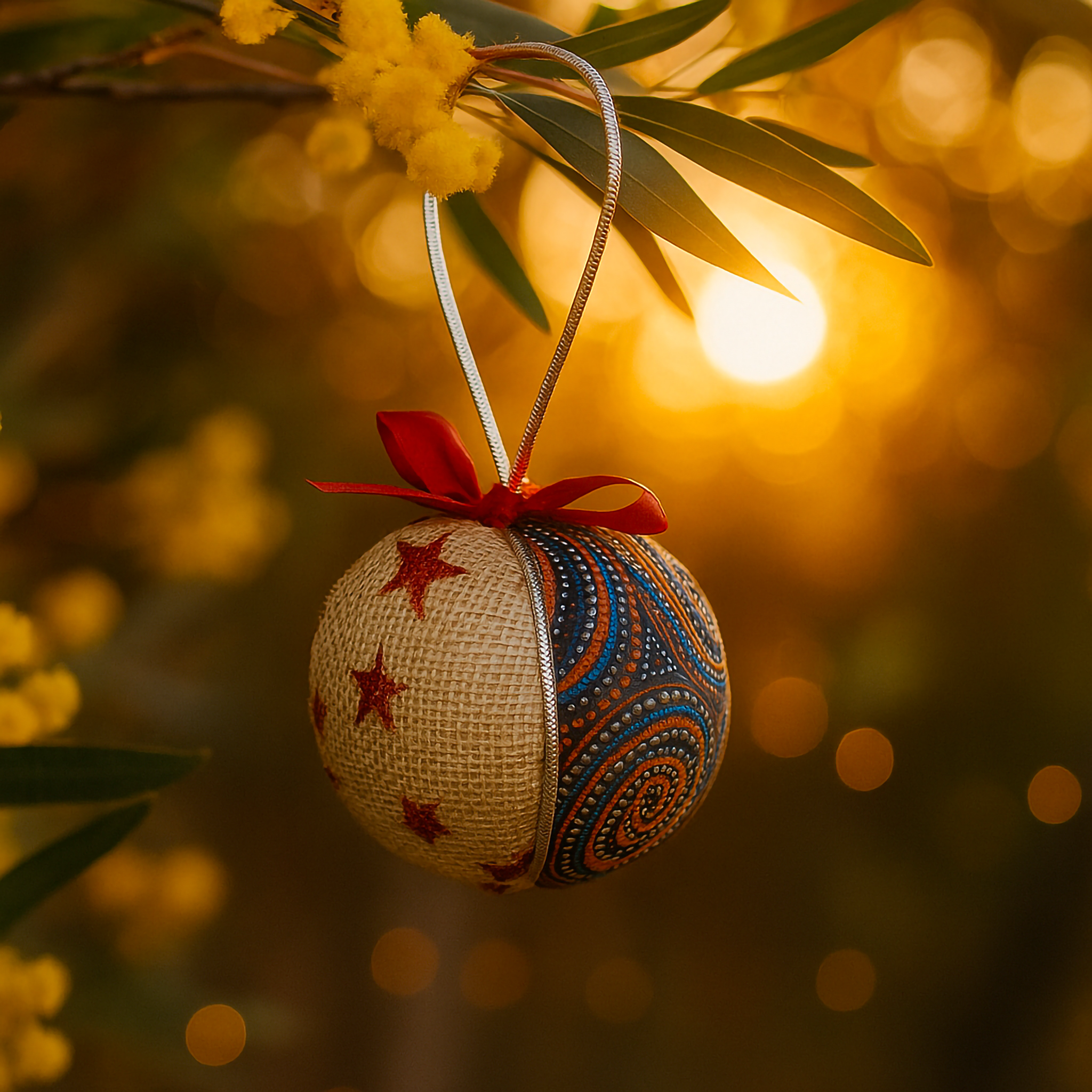 Handcrafted Aboriginal-inspired Christmas bauble with red star and circular dot patterns, finished with a red bow and silver hanging loop, photographed in golden Australian sunlight by Luxe & Humble.
