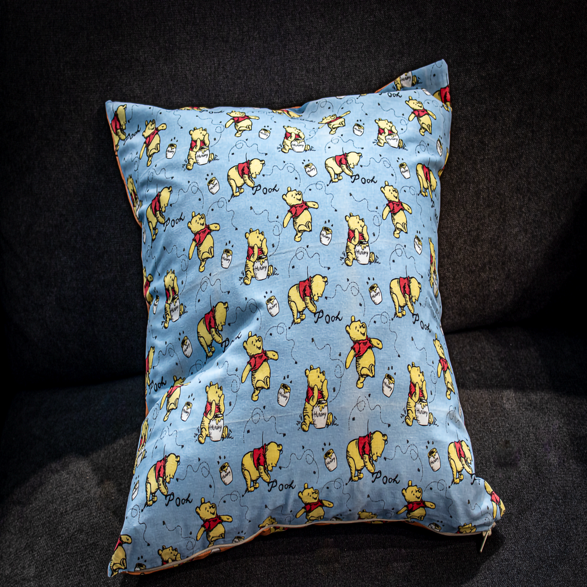 Reversible Blue Winnie the Pooh Cushion with Winnie eating honey from a honey pot. 