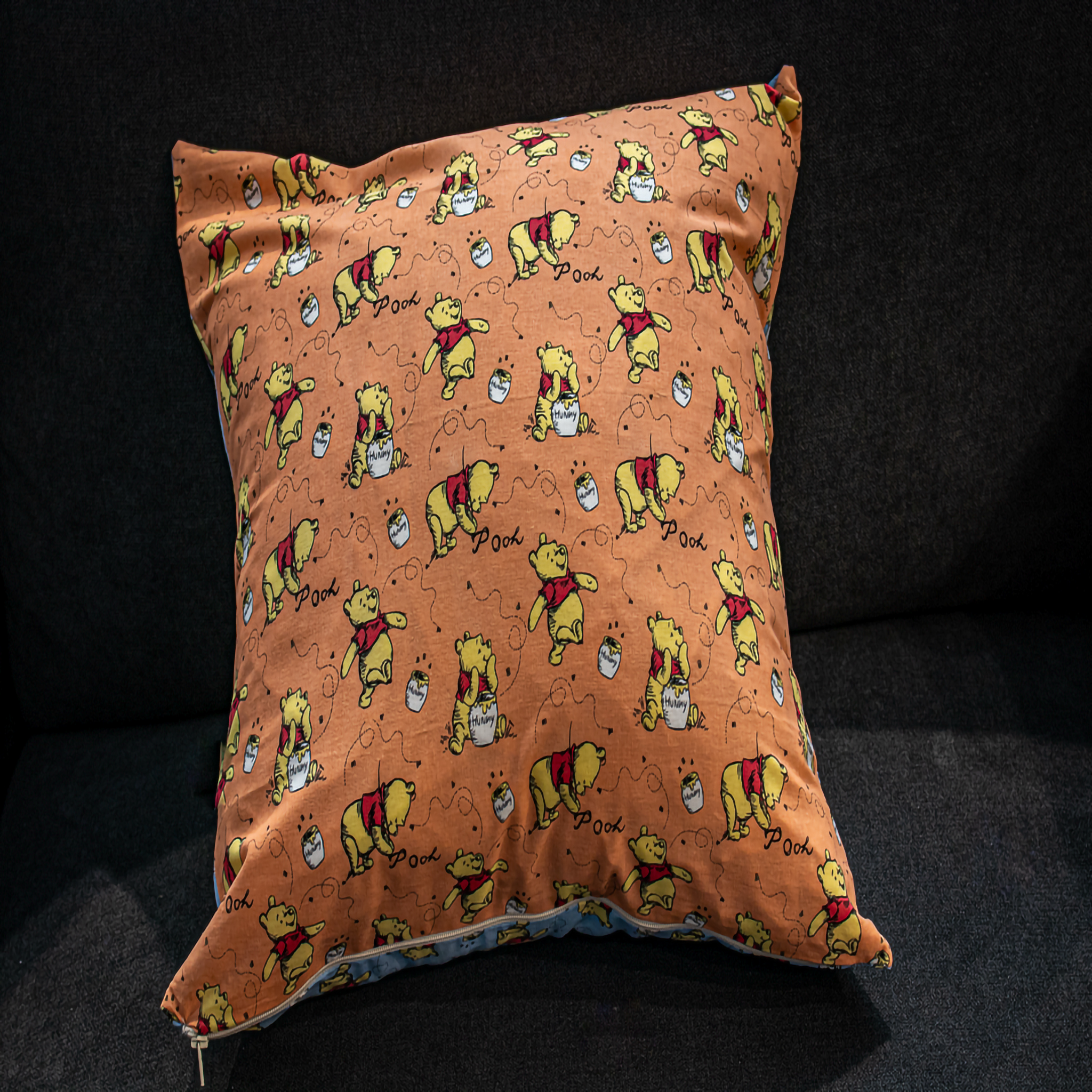 Reversible Orange Winnie the Pooh Cushion with Winnie eating honey from a honey pot. 