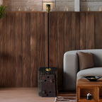 Handcrafted Rustic Redgum Railway Lamp Base by B.Bailey Design Co., exclusive to Luxe & Humble. Made from reclaimed redgum railway sleeper timber with iron plate accents and brass fittings, styled in a modern living room setting.