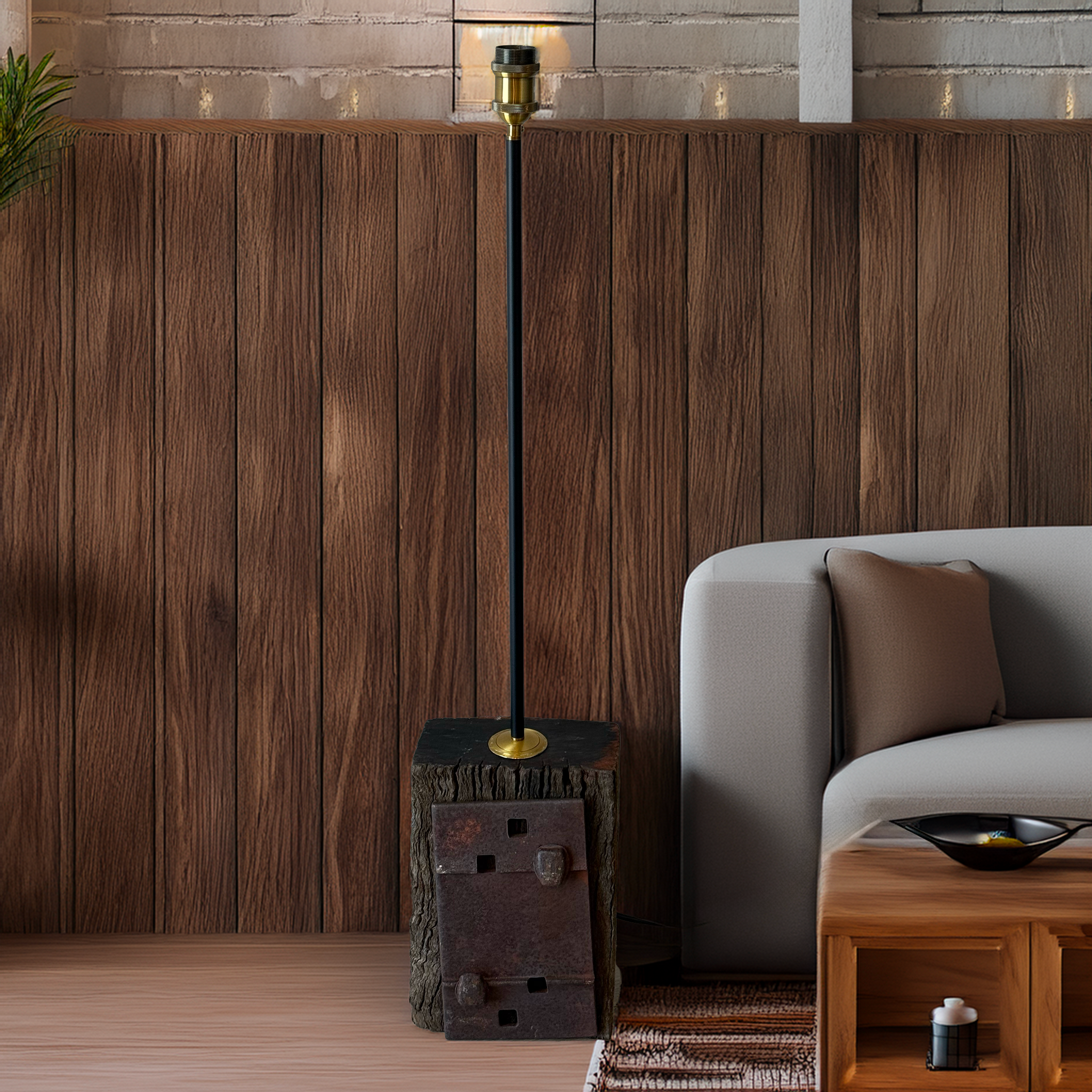 Handcrafted Rustic Redgum Railway Lamp Base by B.Bailey Design Co., exclusive to Luxe & Humble. Made from reclaimed redgum railway sleeper timber with iron plate accents and brass fittings, styled in a modern living room setting.