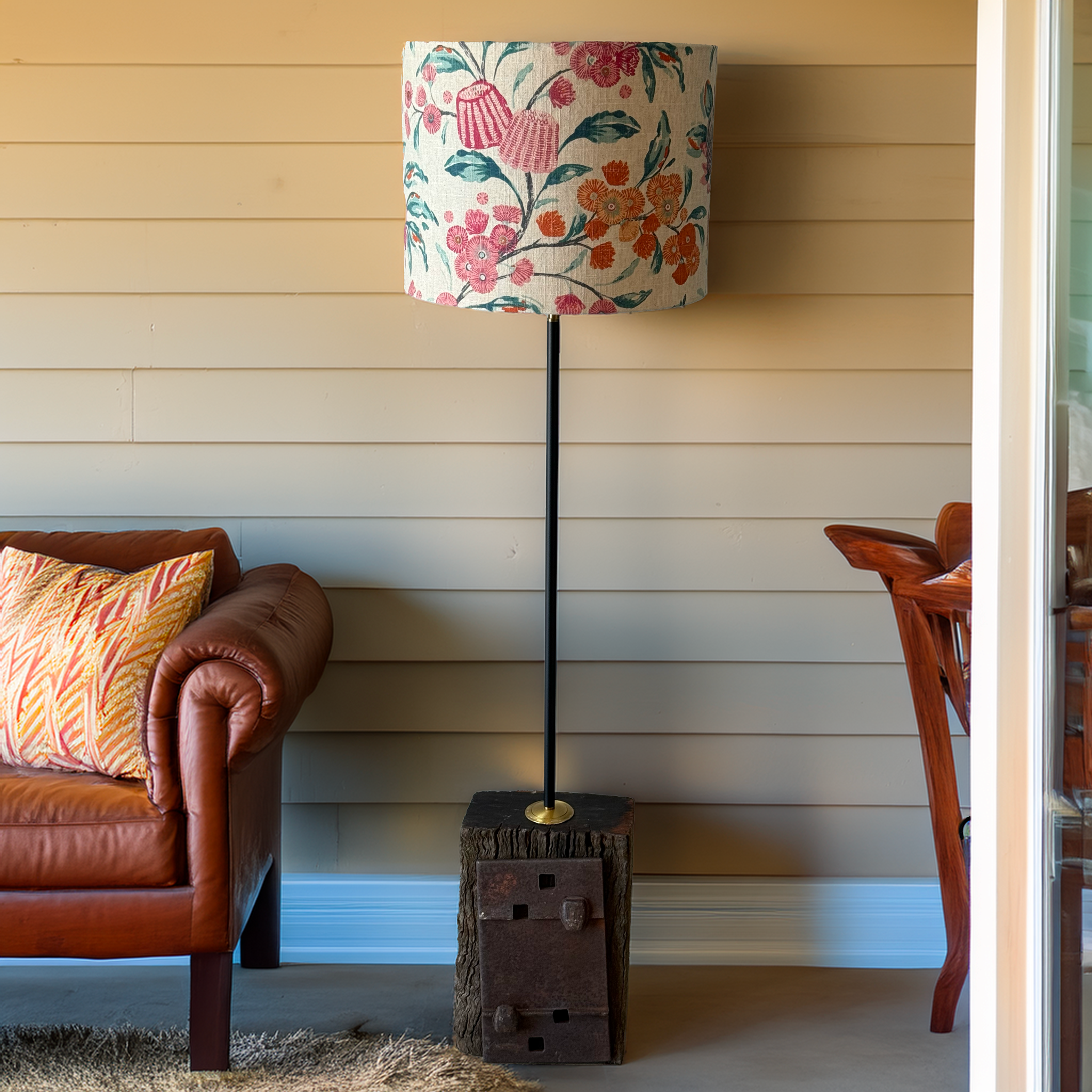 Handcrafted lamp base made from reclaimed redgum railway sleepers with iron accents and brass fittings, designed exclusively for Luxe & Humble by B.Bailey Design Co.