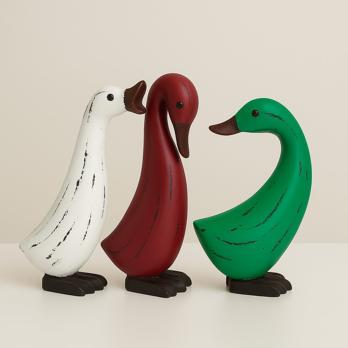 A rustic wooden duck trio featuring distressed white, red and green hand-carved ducks. Perfect for Australian farmhouse décor, cottage homes, rustic styling, and country-inspired interiors. A beautiful artisan home décor piece from Luxe & Humble.