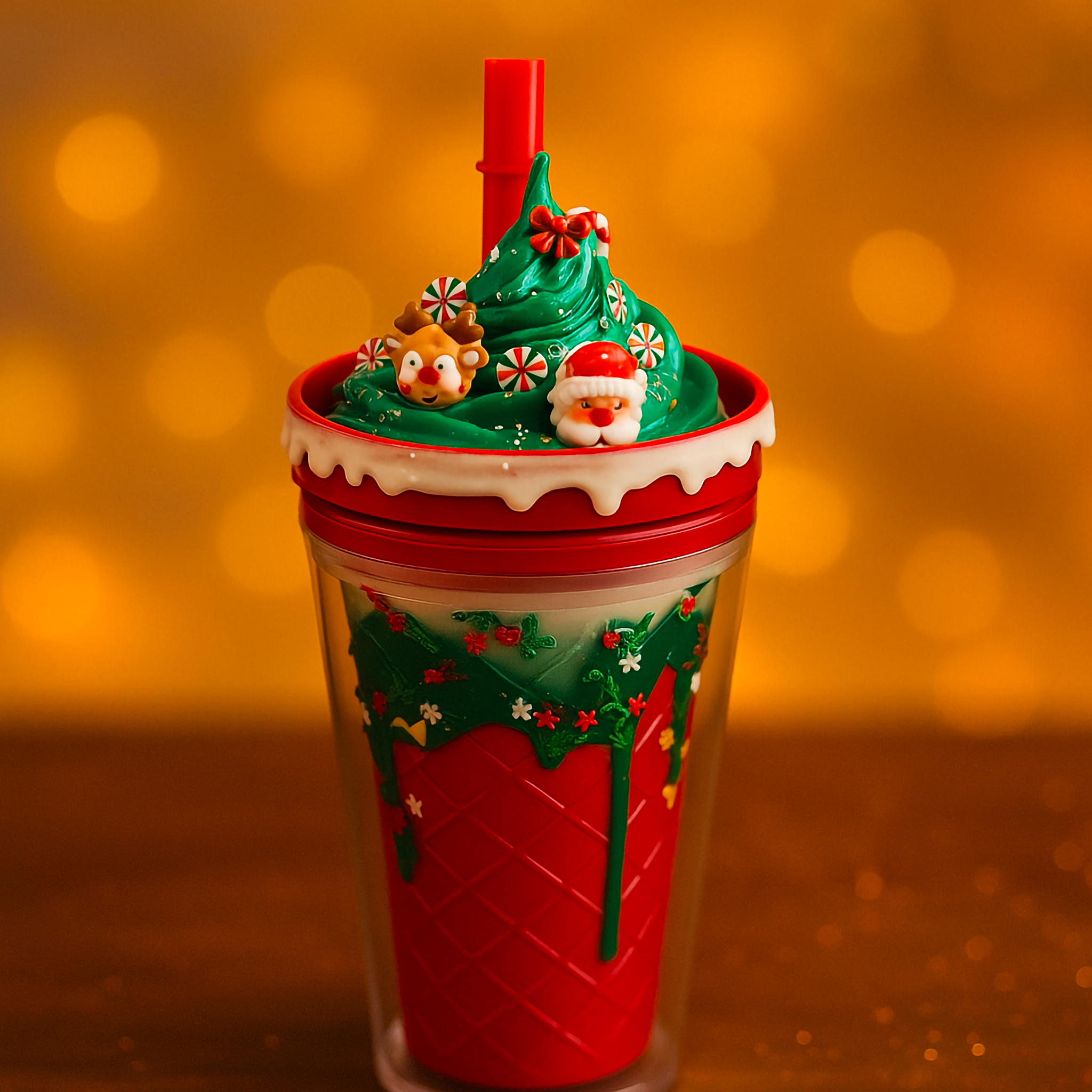 Santa’s Swirl Sundae Tumbler

A Luxe & Humble Santa’s Swirl Sundae Tumbler featuring a festive green whipped swirl topped with Santa and reindeer decorations. Set against a warm golden bokeh background, this reusable 502ml Christmas tumbler captures joyful holiday spirit with luxury Australian design.