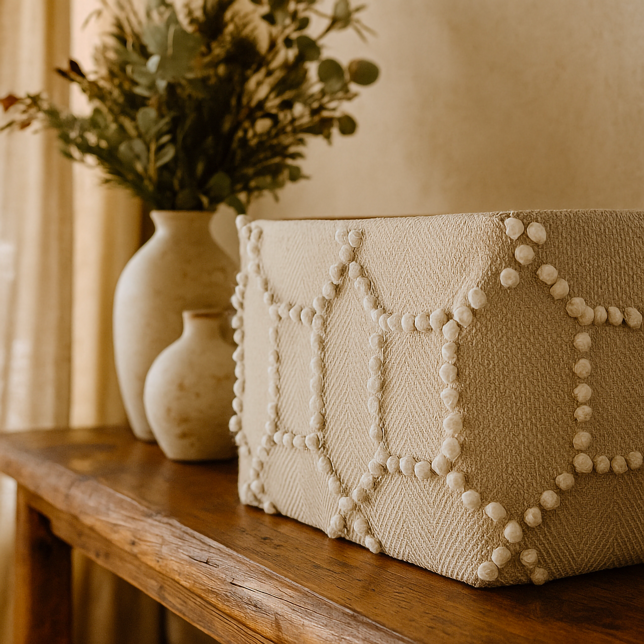 Schumacher Vento Embroidery Lampshade in Natural – 20×40 cm round rectangle design by Luxe & Humble Australia, handcrafted with ivory embroidered fabric on timber surface.