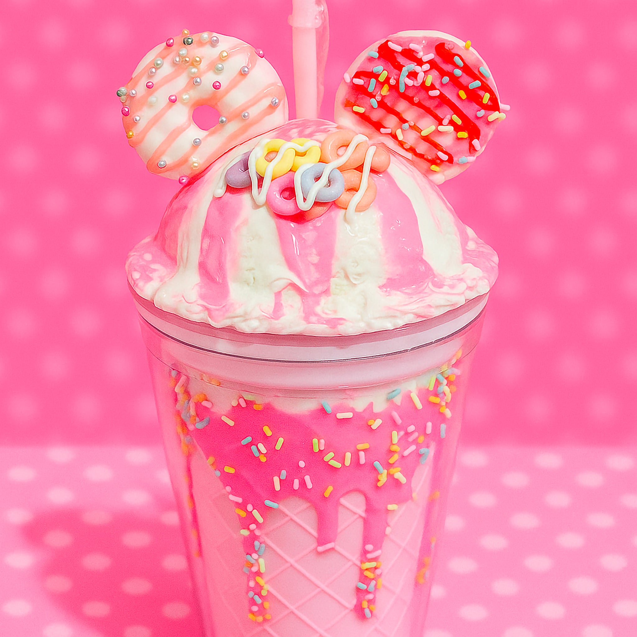 Strawberry Snack Stack Sundae Tumbler with pink waffle cone base, dripping strawberry frosting, rainbow sprinkles, ice cream scoop topper, and cookie ears.