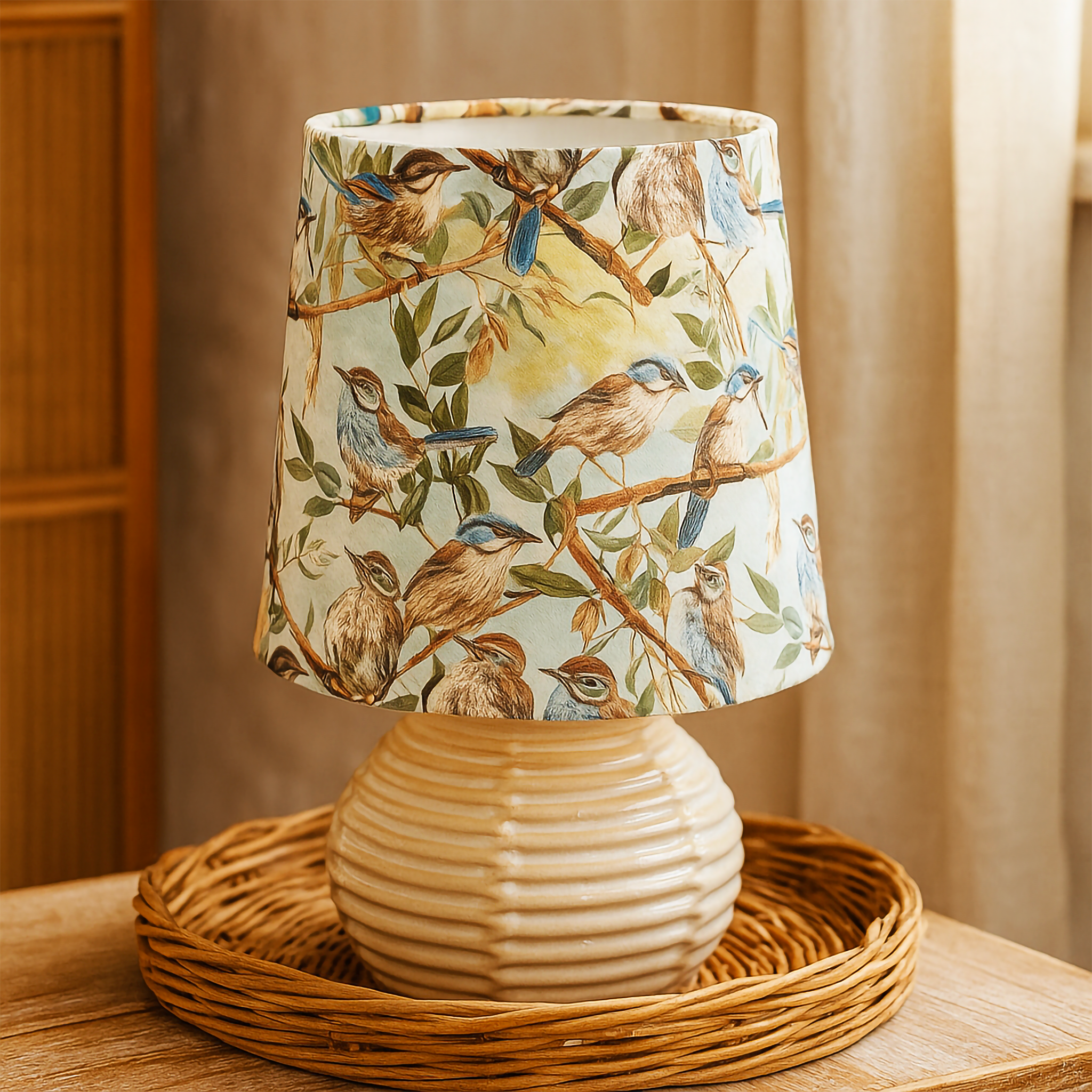 Handcrafted ceramic lamp with native Australian blue fairy wren and eucalyptus print shade, exclusive to Luxe & Humble. Styled in warm natural light on a timber surface — perfect for coastal, country, or modern homes.