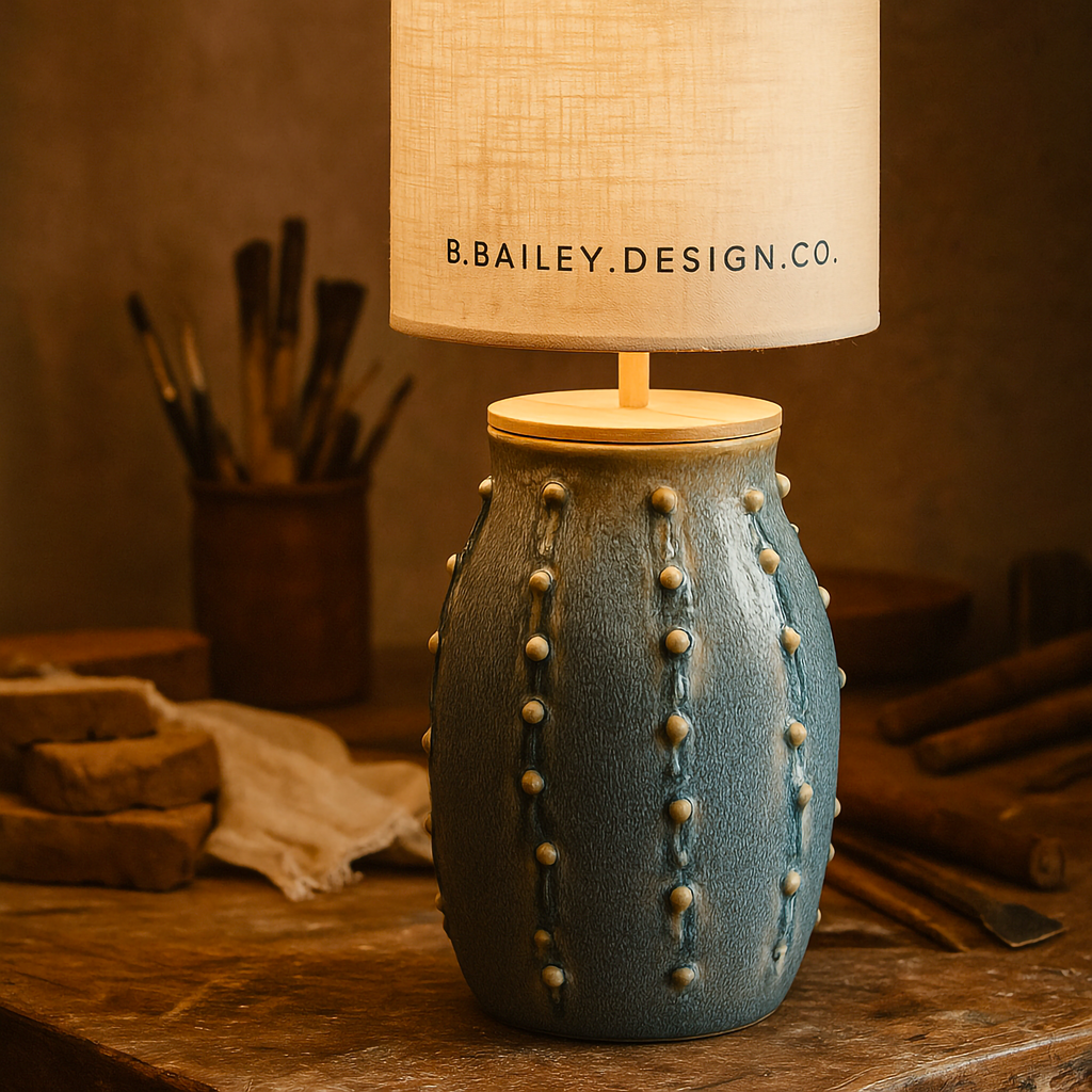 The Coastal Clay Lamp Base by B.Bailey.Design.Co., handcrafted in Australia from textured ceramic with ocean-blue glaze and timber top. Styled in a warm artisan studio with soft lighting and linen tones, showcasing authentic Australian craftsmanship and timeless coastal design.