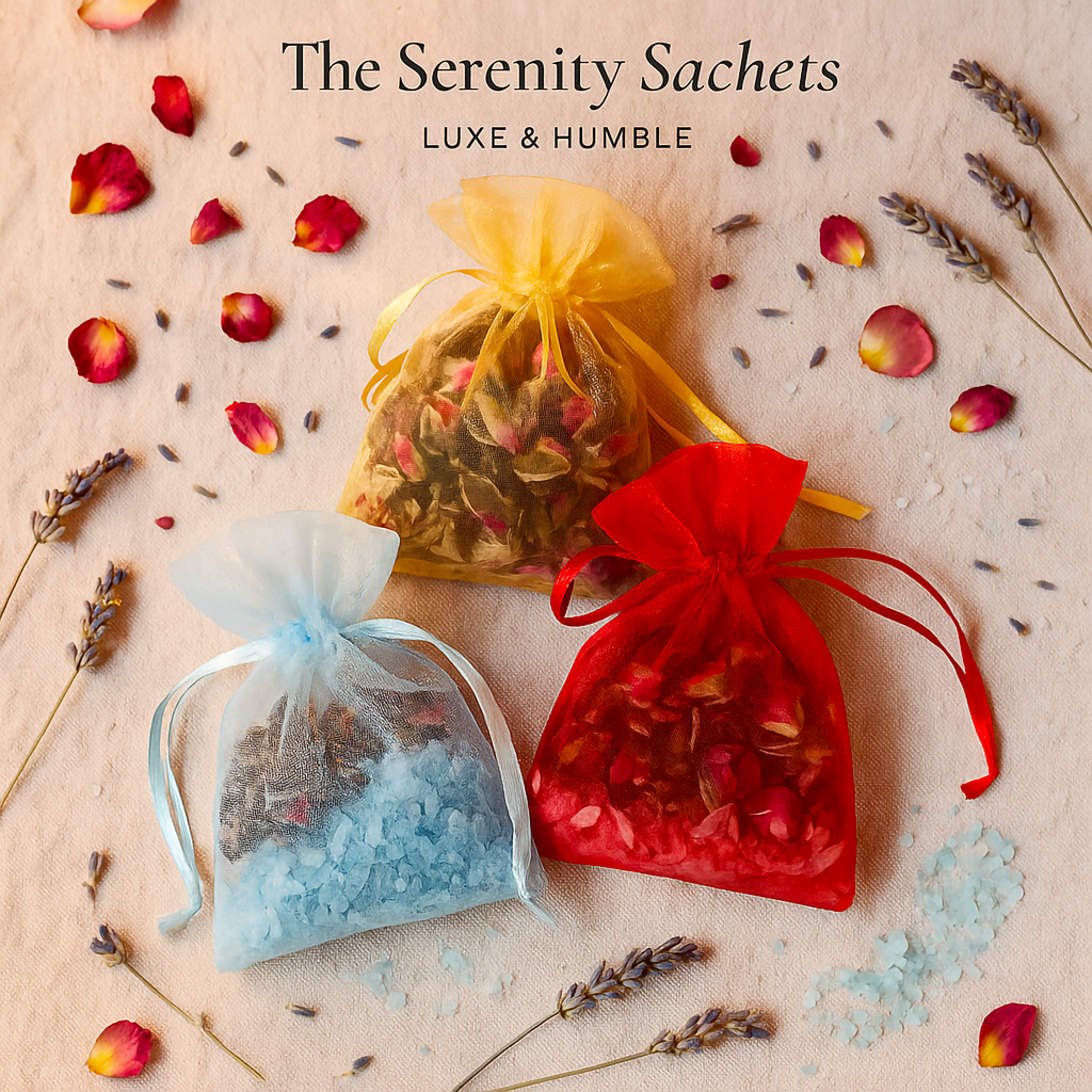 The Serenity Sachets by Luxe & Humble — handcrafted Australian organza pouches filled with dried lavender, rose buds, and coloured Epsom salts. Displayed in red, gold, and blue with scattered petals and lavender sprigs. Perfect for gifting, home, and car fragrance.