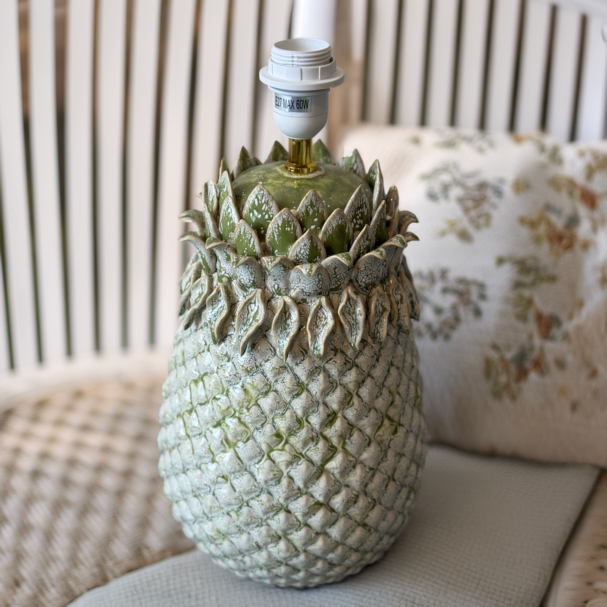 Tropical Pineapple Lamp Base in ceramic with textured green glaze. A coastal-inspired lighting piece perfect for Hamptons, tropical, or modern interiors.