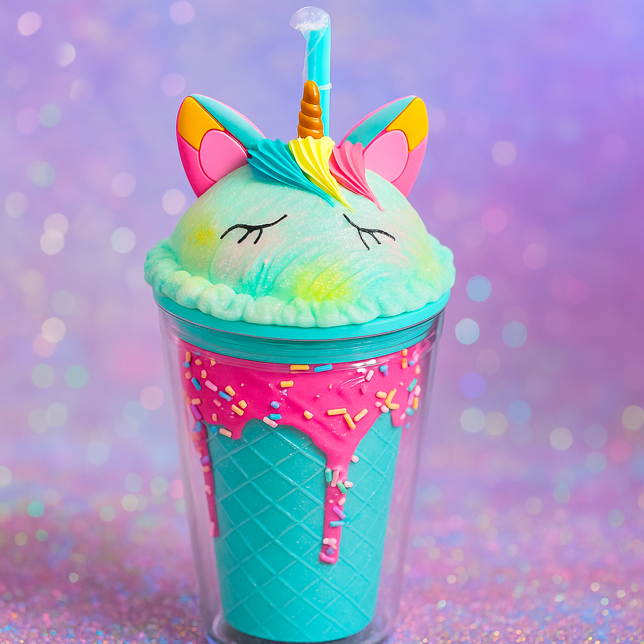 Unicorn Sparkles Sundae Tumbler with blue waffle cone base, pink frosting drip, rainbow sprinkles, unicorn ears, golden horn, and rainbow mane.