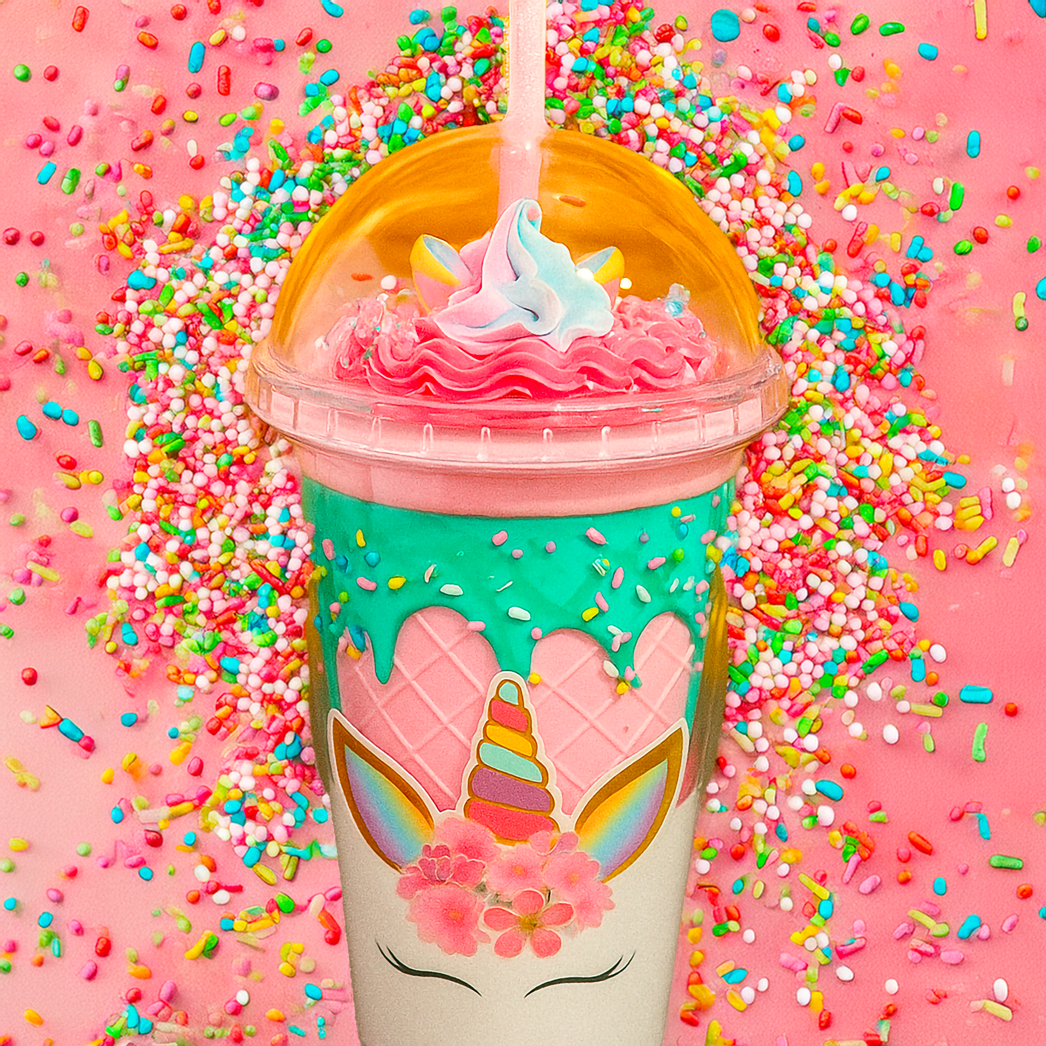 Unicorn Swirl Sundae Tumbler with pink waffle cone base, aqua frosting, rainbow sprinkles, pastel whipped topping, unicorn ears, and golden horn.