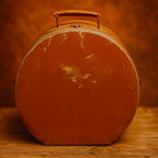 A classic round vintage hat box with leather handle and aged interior lining, styled against a warm brown backdrop. Luxe and Humble collectible décor piece showcasing heritage travel style and antique charm, perfect for Australian homes.