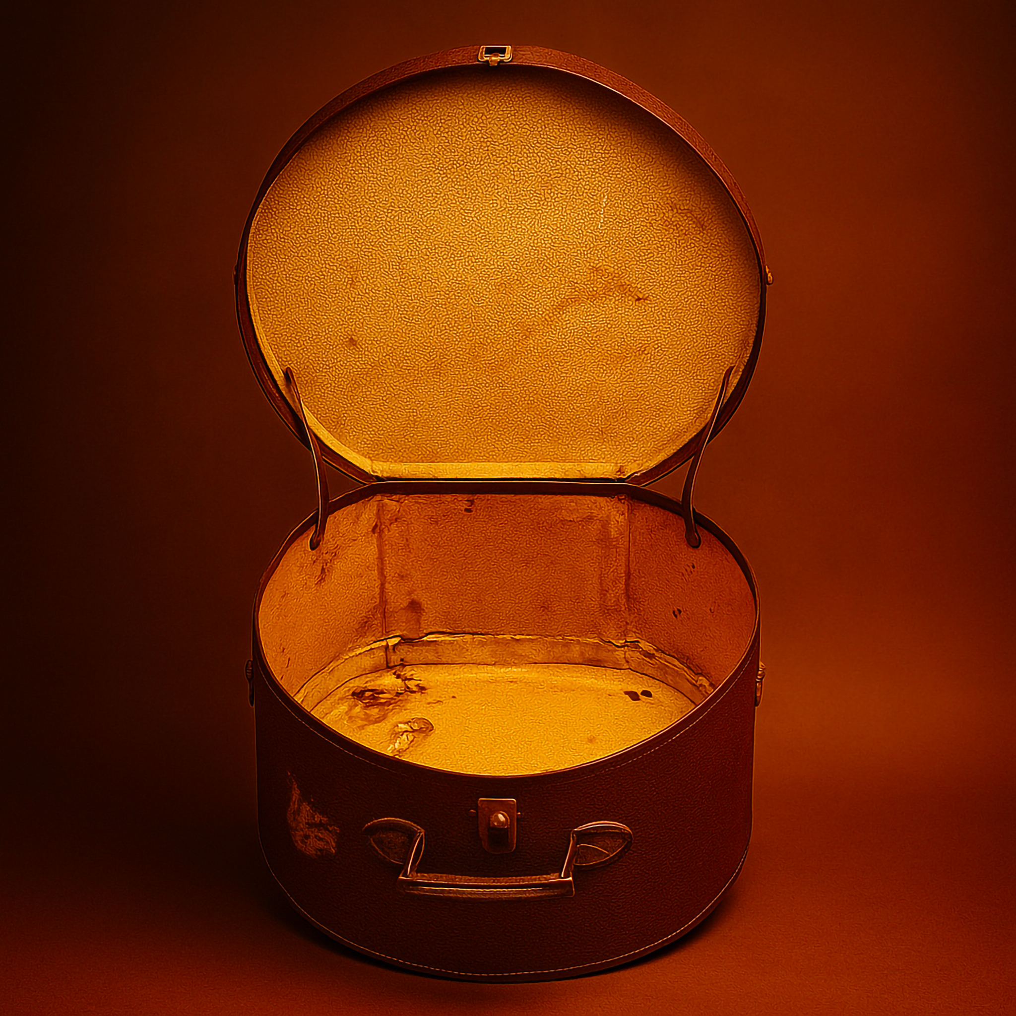 Open vintage round hat box with leather handle and worn fabric lining, styled against a warm brown background. A collectible travel accessory offered by Luxe and Humble, showcasing antique charm and timeless heritage style.
