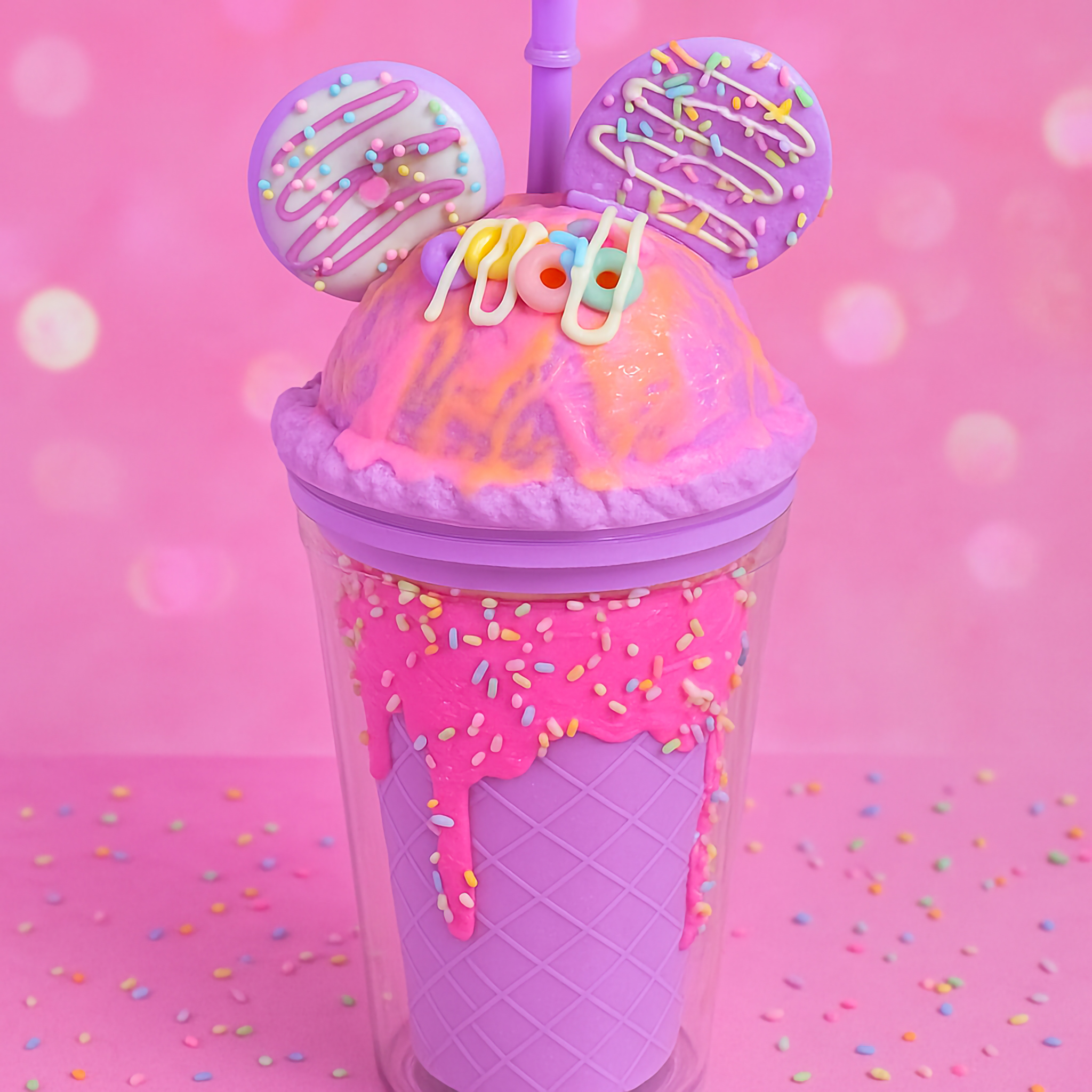 Violet Cookie Pop Minnie Tumbler with waffle cone base, pink frosting drip, rainbow sprinkles, ice cream scoop, and Minnie-style cookie ears.