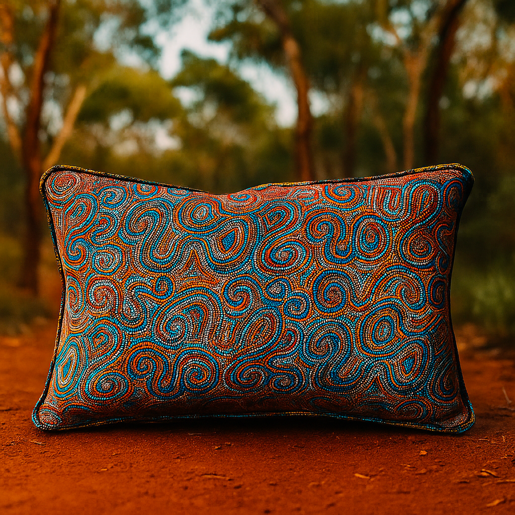 "This ‘Jukurrpa’ (Dreaming) design from Mina Mina—Whirlwind Country—is beautifully represented on a bespoke 35 x 55 cm pillow by acclaimed Warlpiri artist Pauline Napangardi Gallagher. Available at Luxe & Humble, this Indigenous art cushion brings authentic Australian storytelling and cultural heritage into your home décor."

✨ This balances storytelling, artist credit, and SEO keywords like Indigenous art cushion, Australian home décor, and Luxe & Humble.