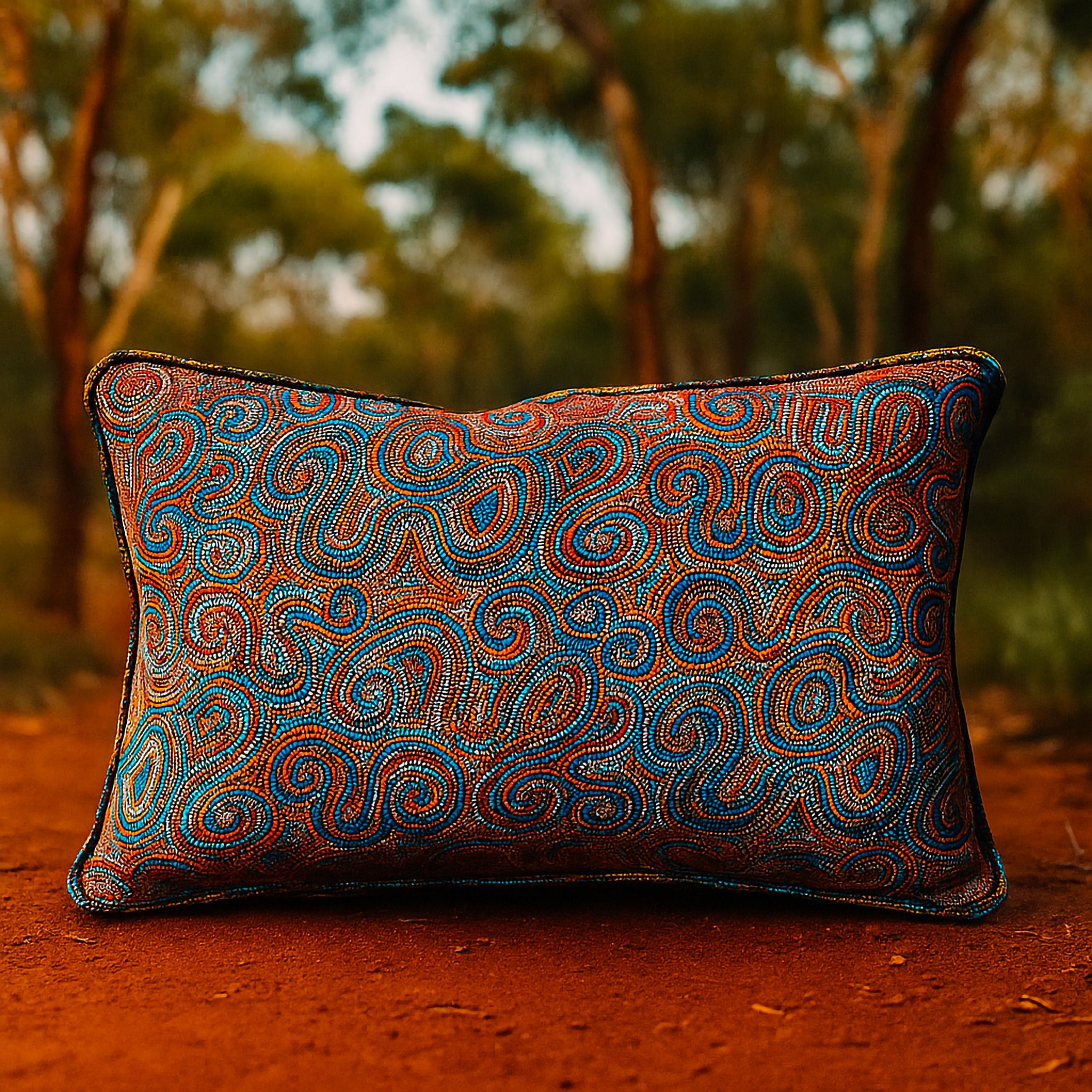 "This ‘Jukurrpa’ (Dreaming) design from Mina Mina—Whirlwind Country—is beautifully represented on a bespoke 35 x 55 cm pillow by acclaimed Warlpiri artist Pauline Napangardi Gallagher. Available at Luxe & Humble, this Indigenous art cushion brings authentic Australian storytelling and cultural heritage into your home décor."

✨ This balances storytelling, artist credit, and SEO keywords like Indigenous art cushion, Australian home décor, and Luxe & Humble.