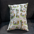 Winnie the Pooh reversible pillow featuring Pooh, Tigger, and Eeyore, with one side showcasing an inspirational quote and the other a playful balloon design, made from premium cotton fabric.