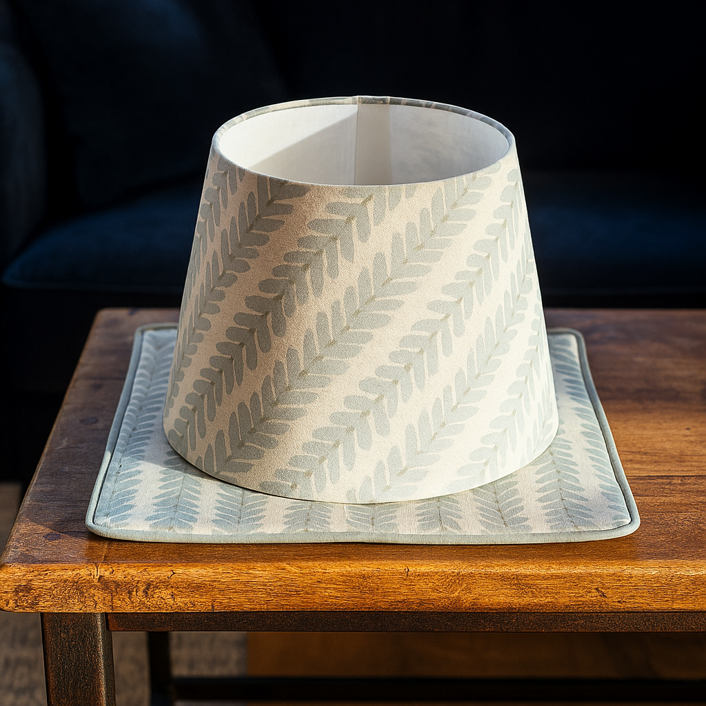Lampshade & matching empty cushion cover with blue leaf pattern on a wooden table