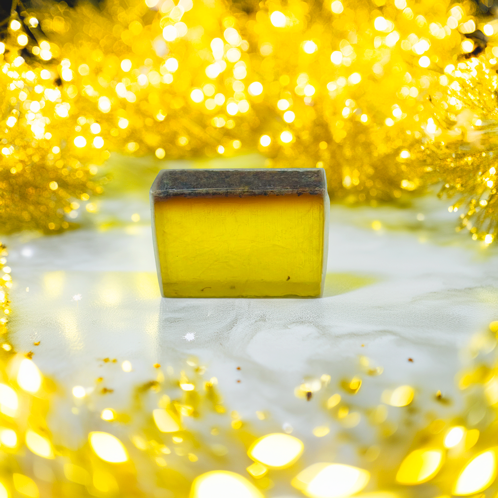 A Yellow Botanical Soap Bar displayed on a marble-style surface surrounded by glowing golden festive lights. A Luxe & Humble handmade Australian soap, perfect for Christmas hampers, pamper boxes and everyday self-care.