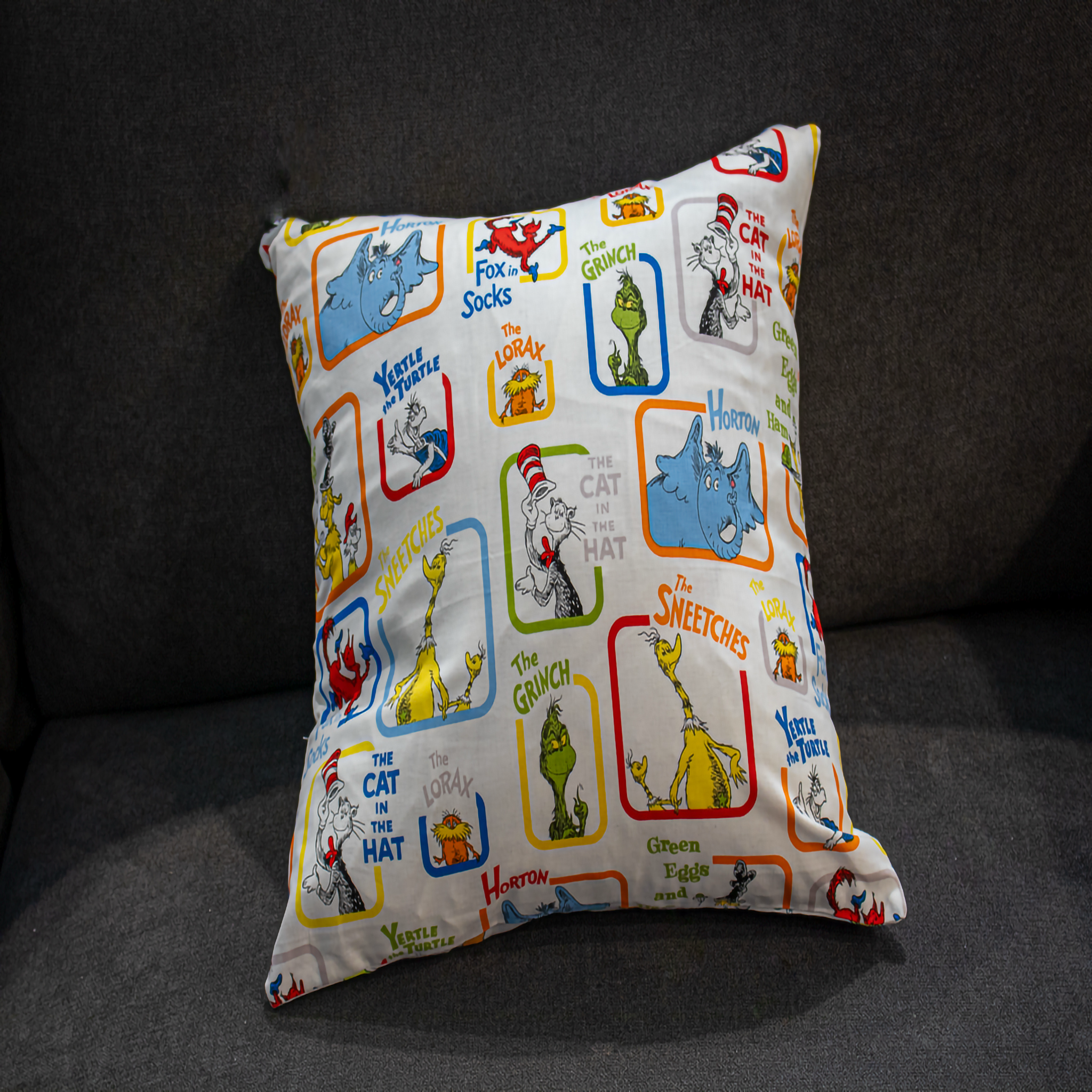 Reversible pillow cover featuring iconic Dr. Seuss characters like The Cat in the Hat, Horton, and The Grinch, bringing a whimsical and nostalgic touch to any room.