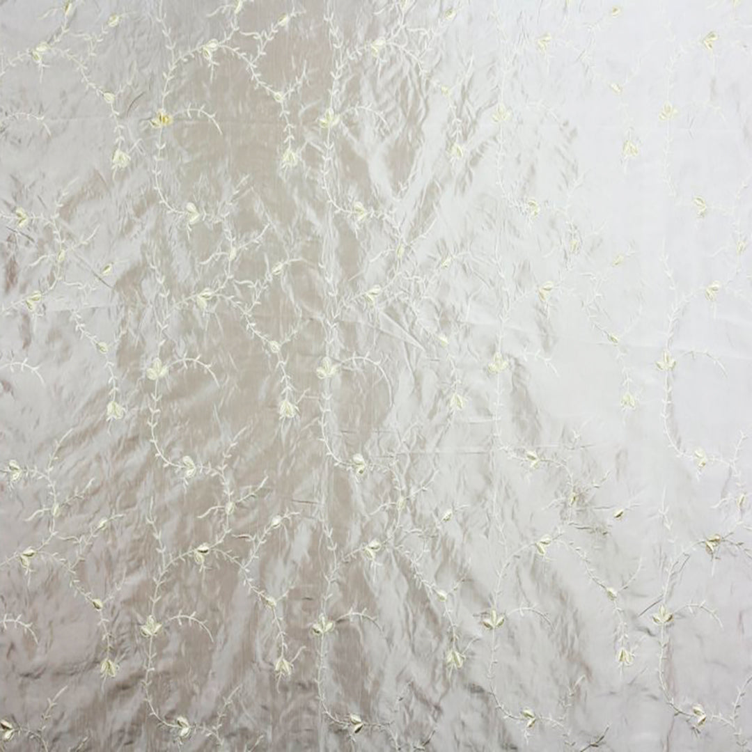 Embroidery Fabric in Cream, Scarlet, and Bamboo, featuring an intricate floral embroidery design, ideal for upholstery and home décor by Luxe & Humble.