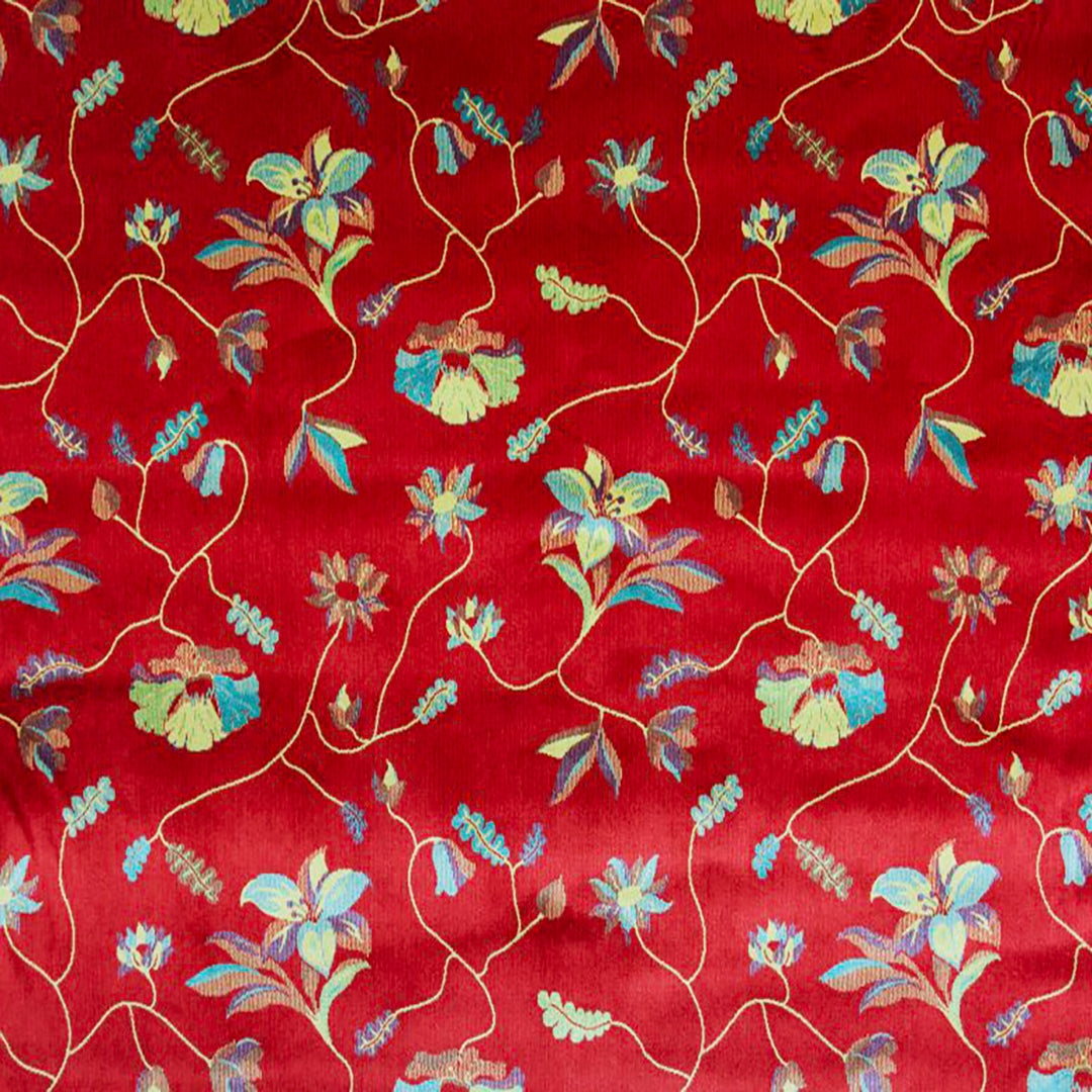 Flowerette Red Fabric showcasing vibrant floral embroidery on a rich red cut velvet background, perfect for upholstery and home décor by Luxe & Humble.