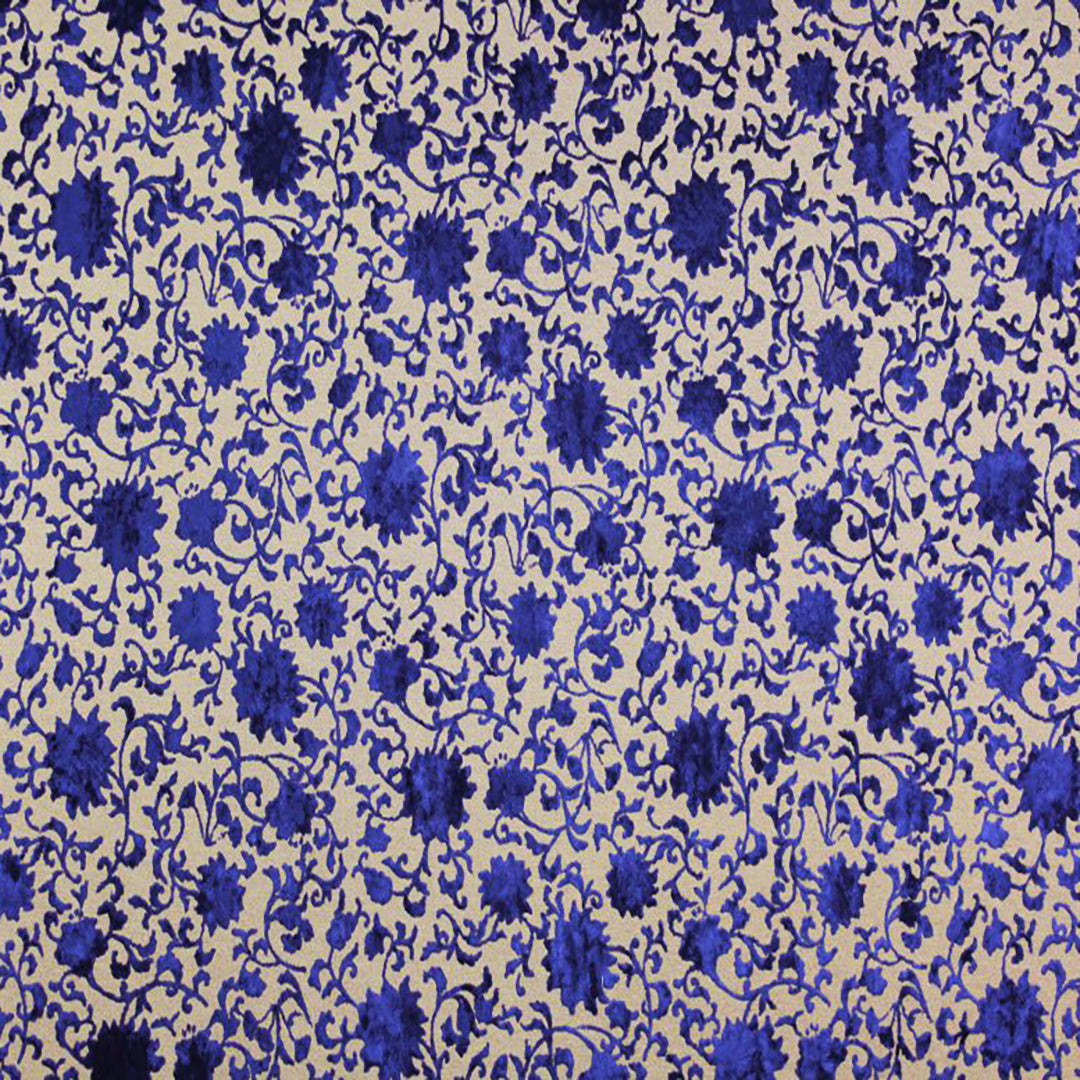 Fortuny Navy Fabric showcasing a floral and botanical cut velvet design in rich navy tones, perfect for traditional upholstery.