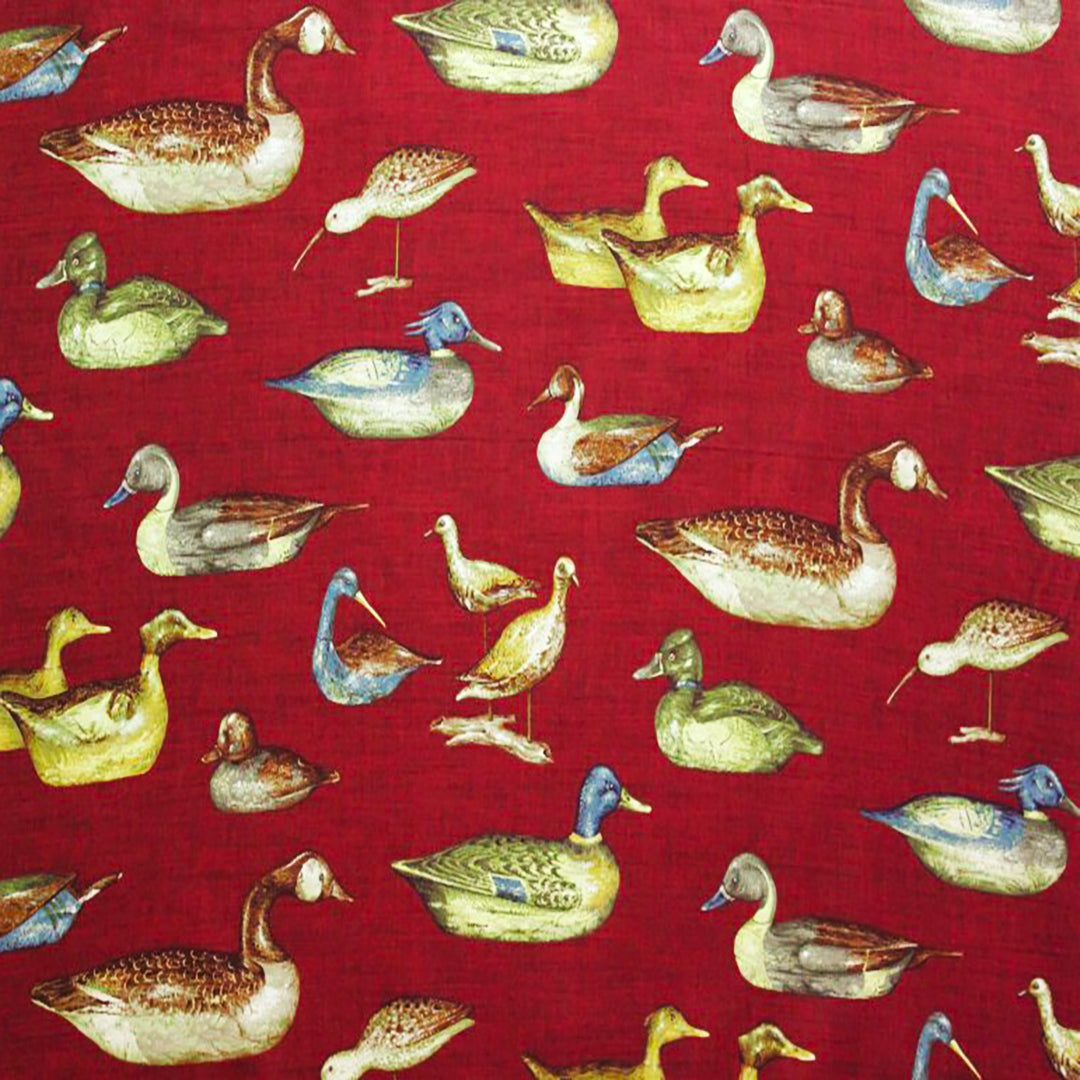 Gouvernour Red Oak fabric with a vintage duck print on a rich red background, ideal for upholstery and home décor by Luxe & Humble.