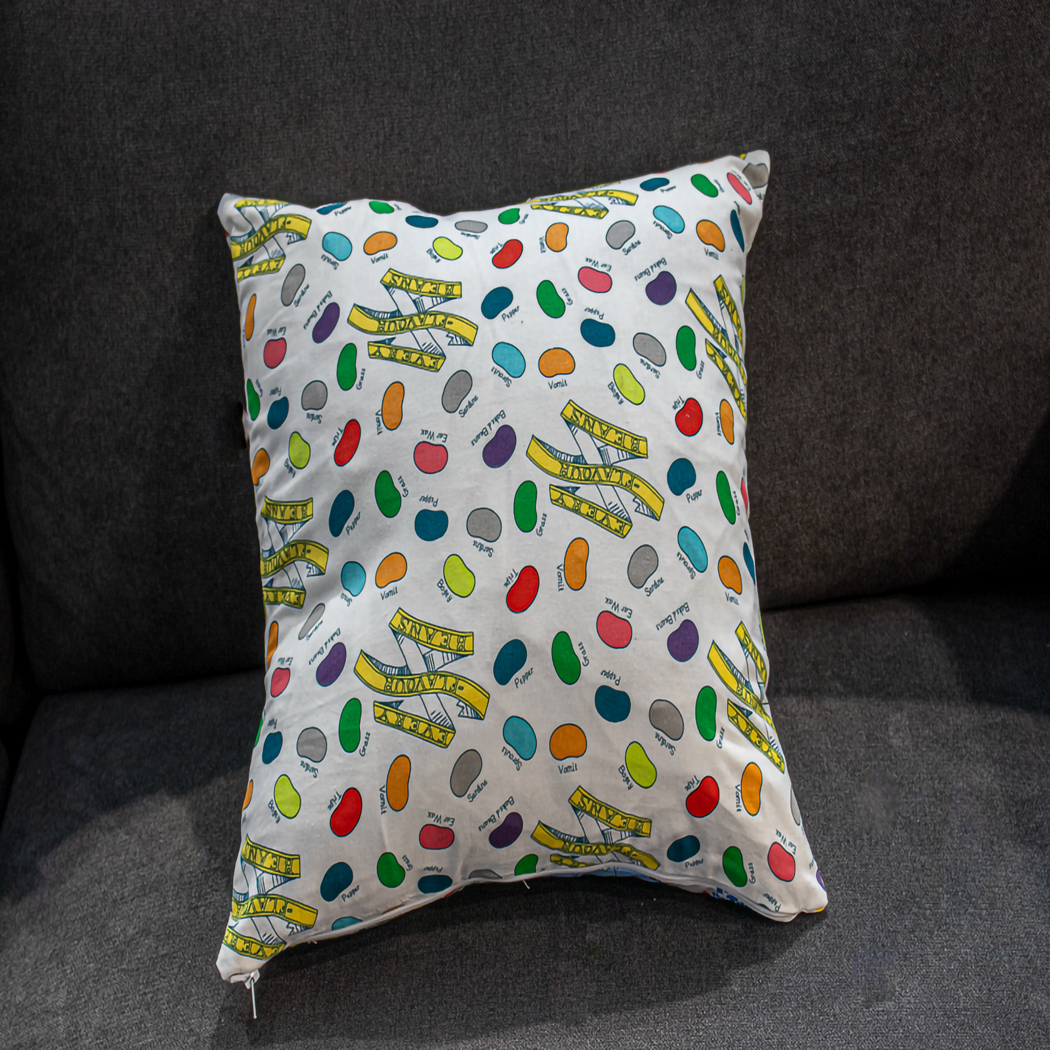 Colorful jelly bean-themed pillow cover featuring various jelly beans and fun text, adding a playful and sweet touch to your home décor.