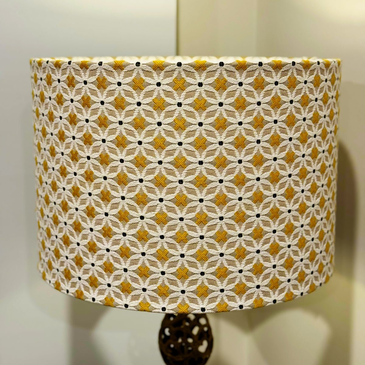 Luxe & Humble 40 cm Golden Bloom Drum Lampshade - Premium Homewares Melbourne; styled view, lamp base not included