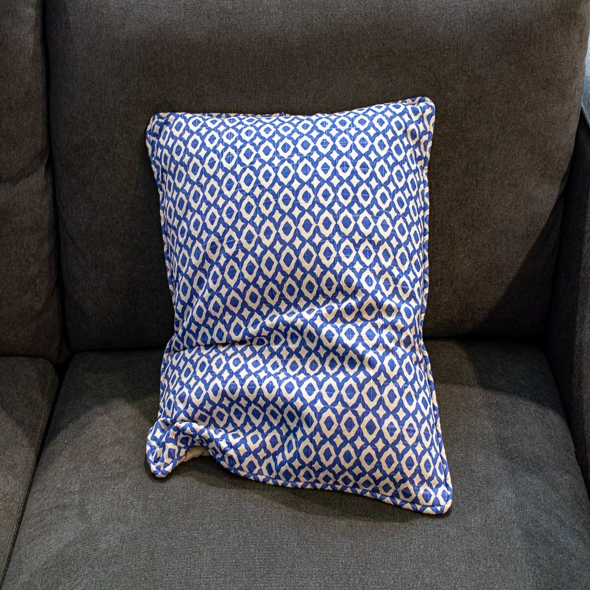 Luxe & Humble 50 × 50 cm Geometric Print Linen Cushion – Beige & Dark Blue - Premium Homewares Melbourne