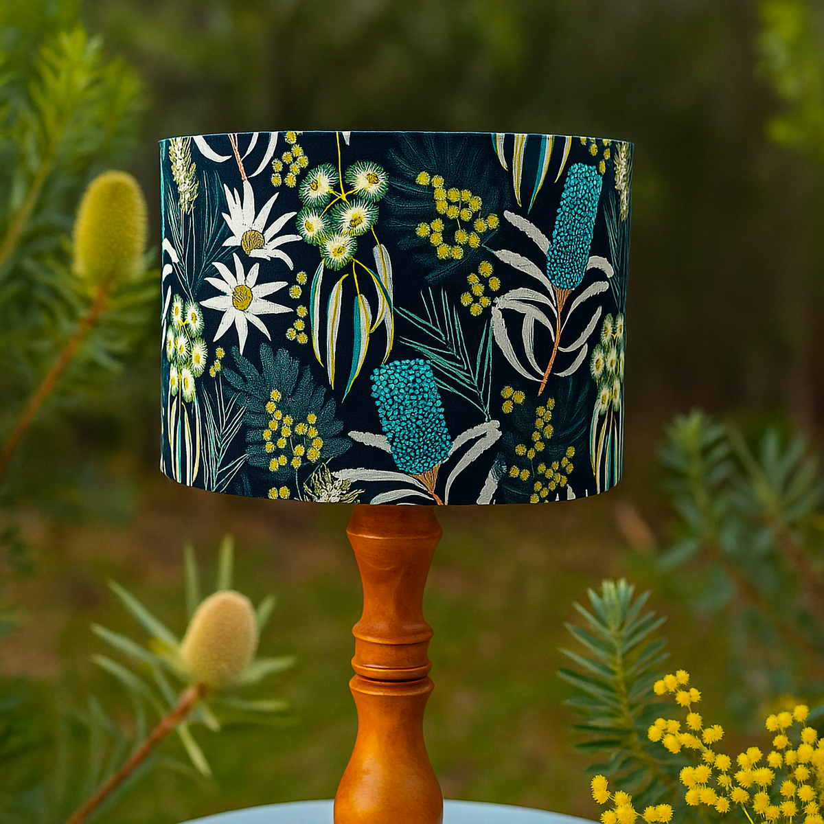 Luxe & Humble The Native Floral - Themed Drum Lampshade - Premium Homewares Melbourne; styled view, lamp base not included