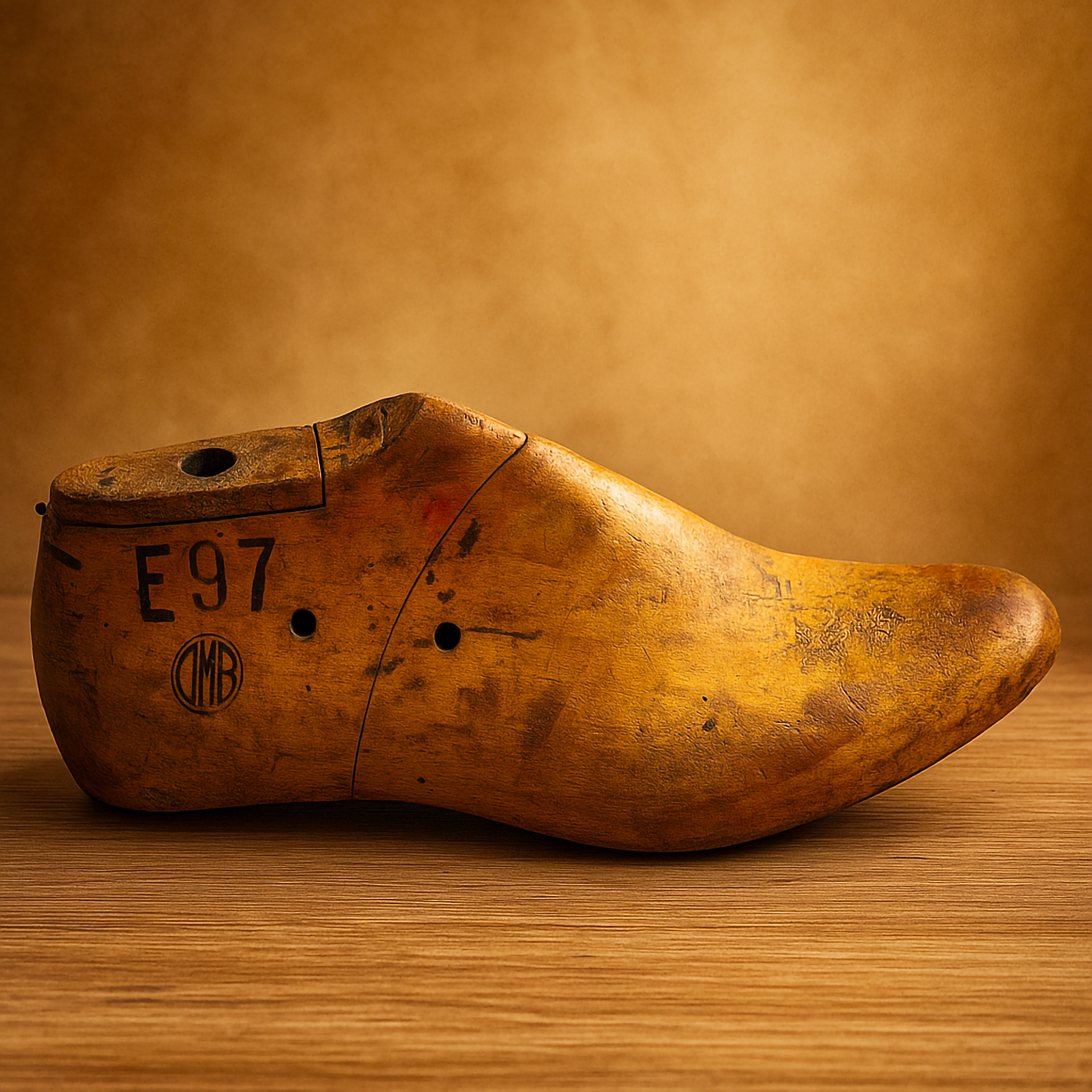 Wooden shoe last with 'E97' marking on a wooden surface. Vintage wooden shoe last, handcrafted with unique markings, perfect for collectors and home décor enthusiasts