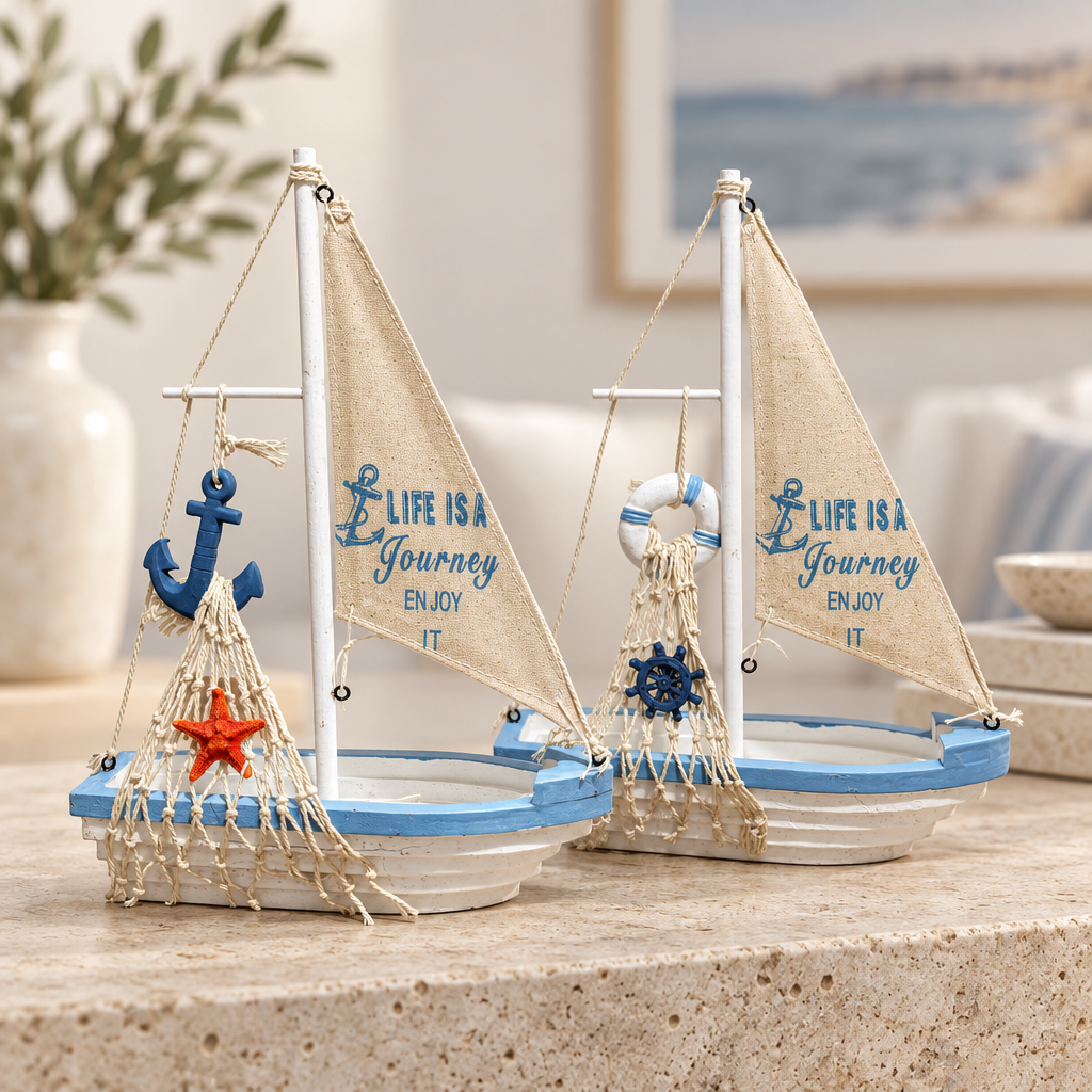 Two miniature wooden sailboat ornaments in blue and white with Life Is A Journey canvas sails, displayed on a stone tabletop.
