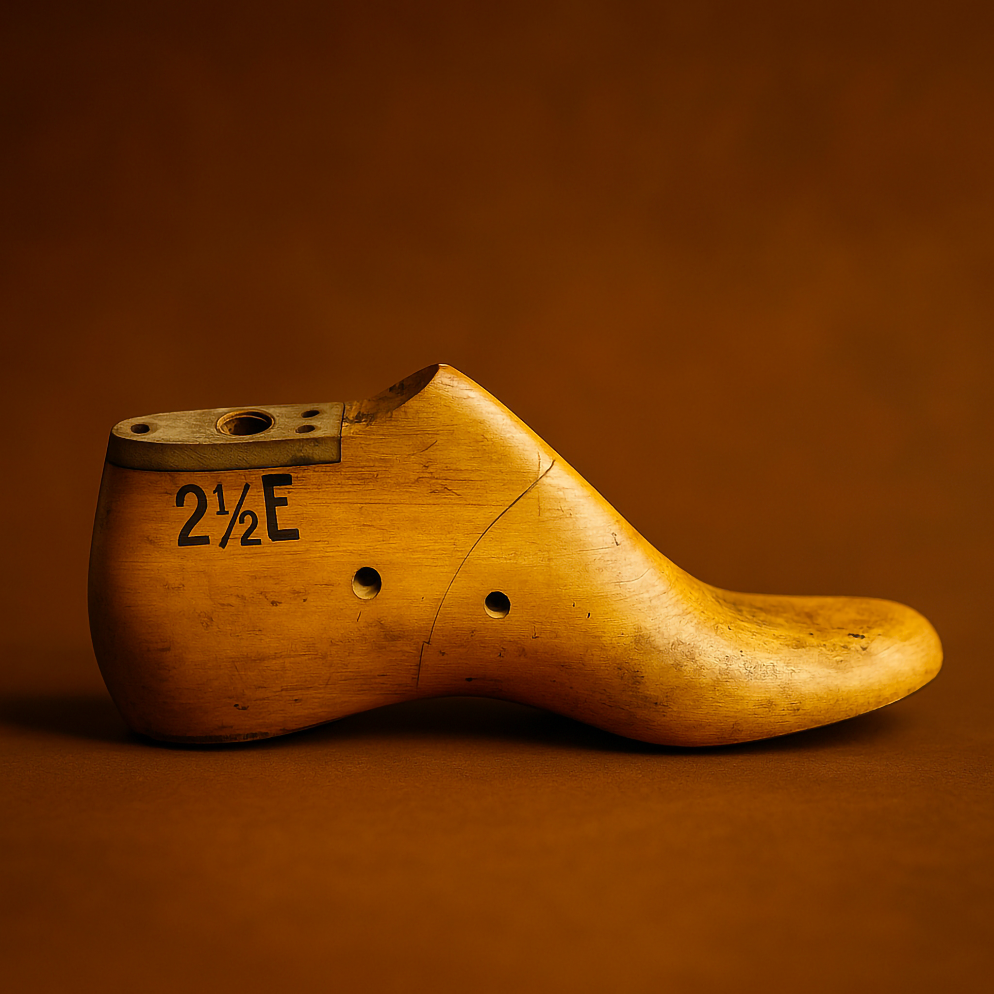 Wooden shoe last with measurement '2 1/2 E' on a brown background. Vintage wooden shoe last, handcrafted with unique markings, perfect for collectors and home décor enthusiasts.